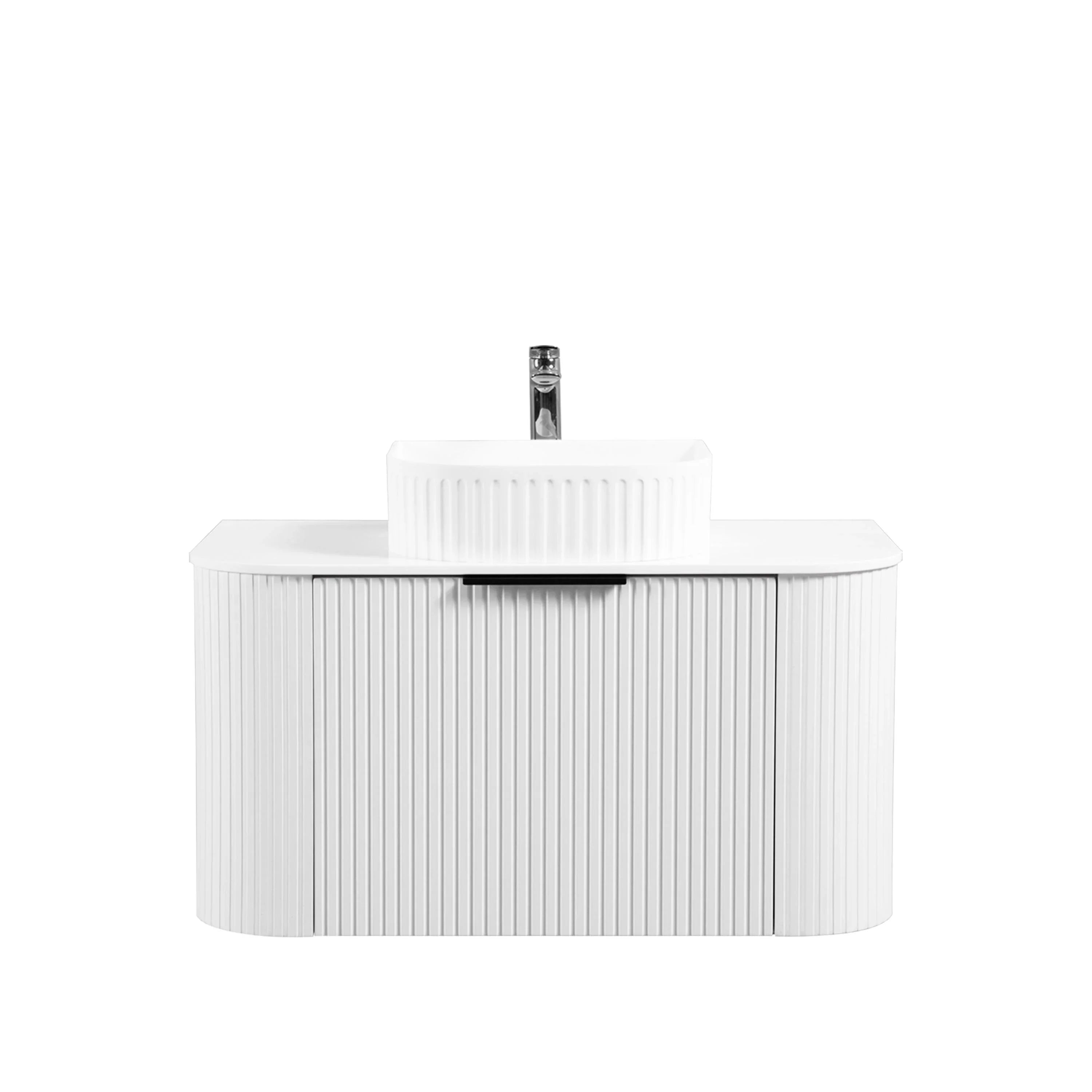 36" Matte White Wall Mount Single Sink Curved Fluted Bathroom Vanity with White Solid Surface Countertop and Basin-Migration_Bathroom Vanities-DECOROLALA