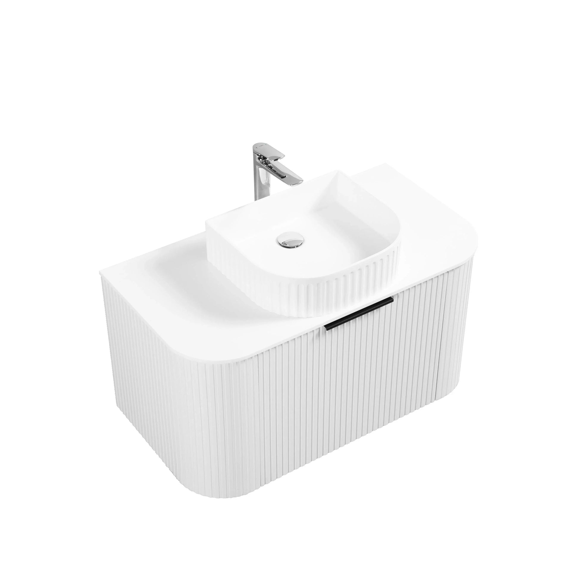 36" Matte White Wall Mount Single Sink Curved Fluted Bathroom Vanity with White Solid Surface Countertop and Basin-Migration_Bathroom Vanities-DECOROLALA