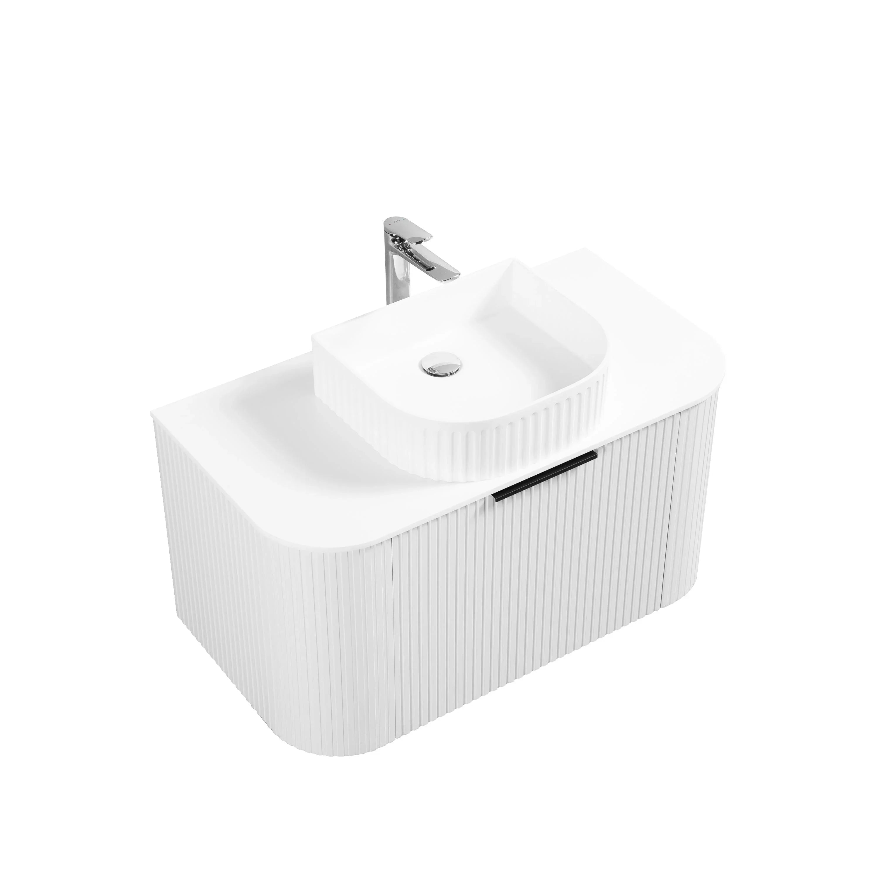 36" Matte White Wall Mount Single Sink Curved Fluted Bathroom Vanity with White Solid Surface Countertop and Basin-Migration_Bathroom Vanities-DECOROLALA