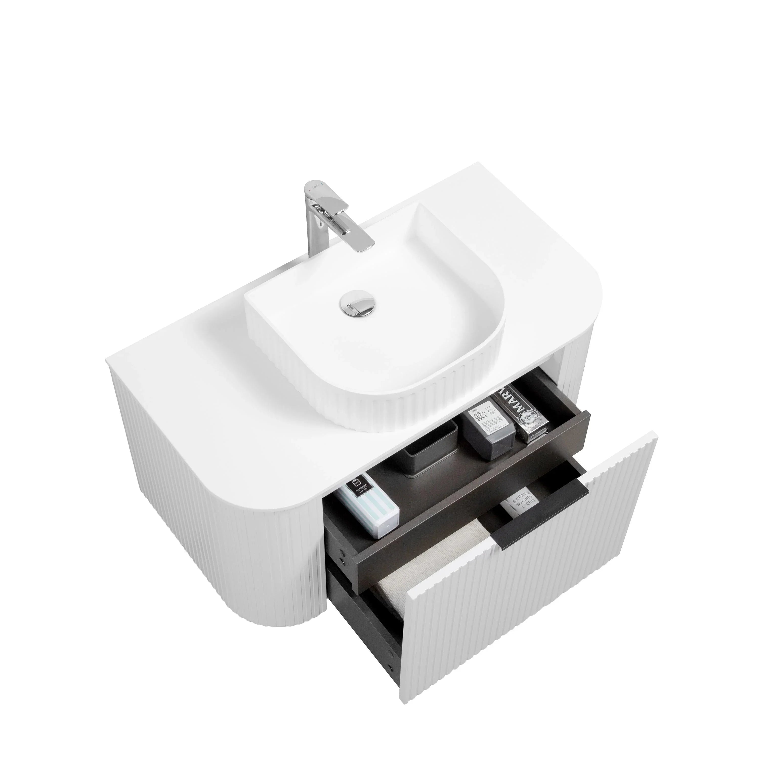 36" Matte White Wall Mount Single Sink Curved Fluted Bathroom Vanity with White Solid Surface Countertop and Basin-Migration_Bathroom Vanities-DECOROLALA