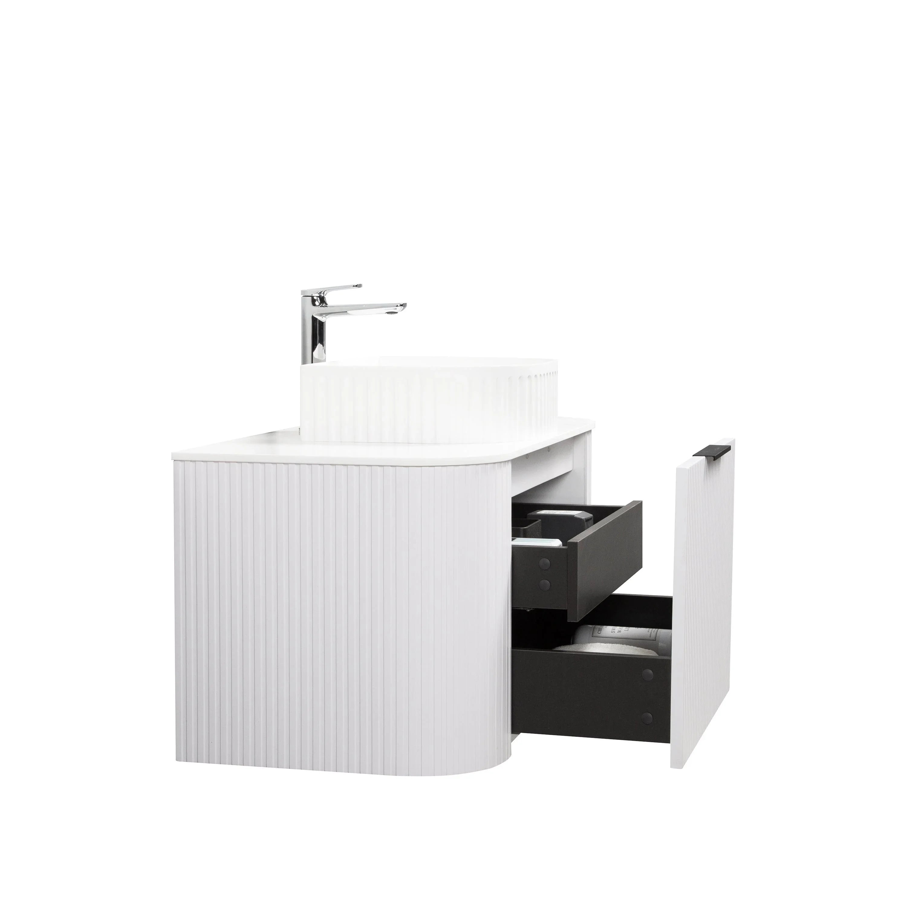 36" Matte White Wall Mount Single Sink Curved Fluted Bathroom Vanity with White Solid Surface Countertop and Basin-Migration_Bathroom Vanities-DECOROLALA
