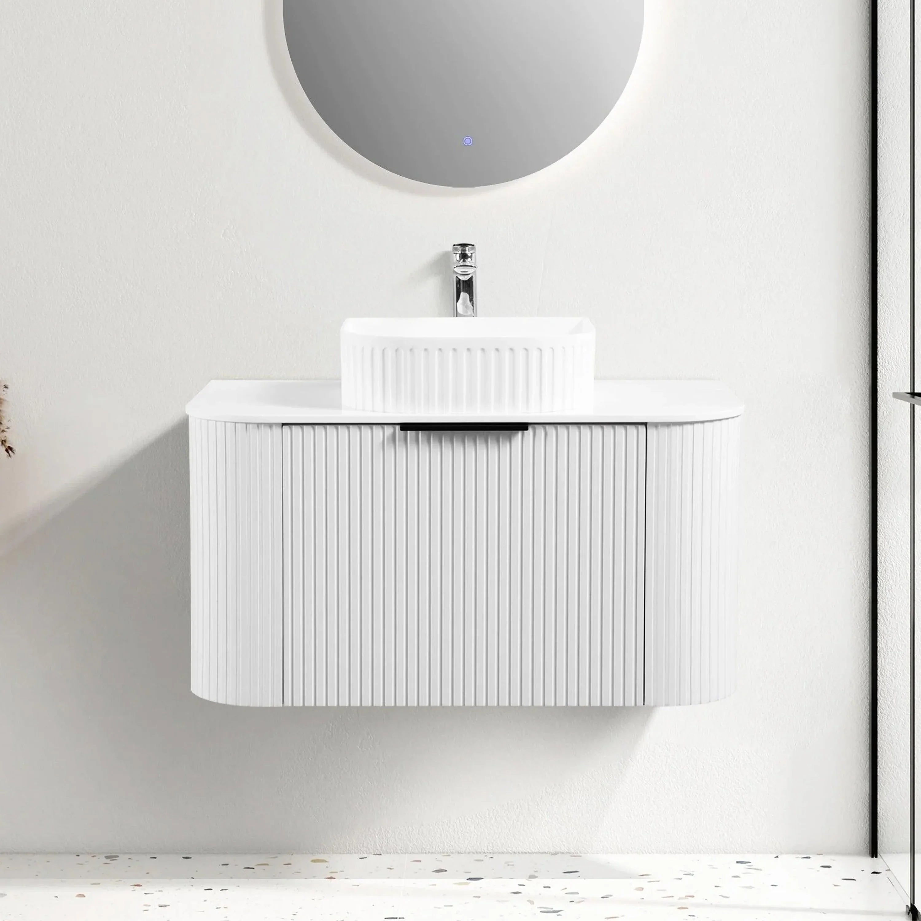 36" Matte White Wall Mount Single Sink Curved Fluted Bathroom Vanity with White Solid Surface Countertop and Basin-Migration_Bathroom Vanities-DECOROLALA