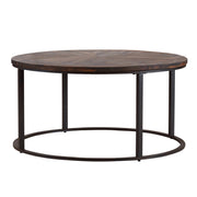 36" Natural And Brown Reclaimed Wood And Metal Round Coffee Table-Coffee Tables-DECOROLALA