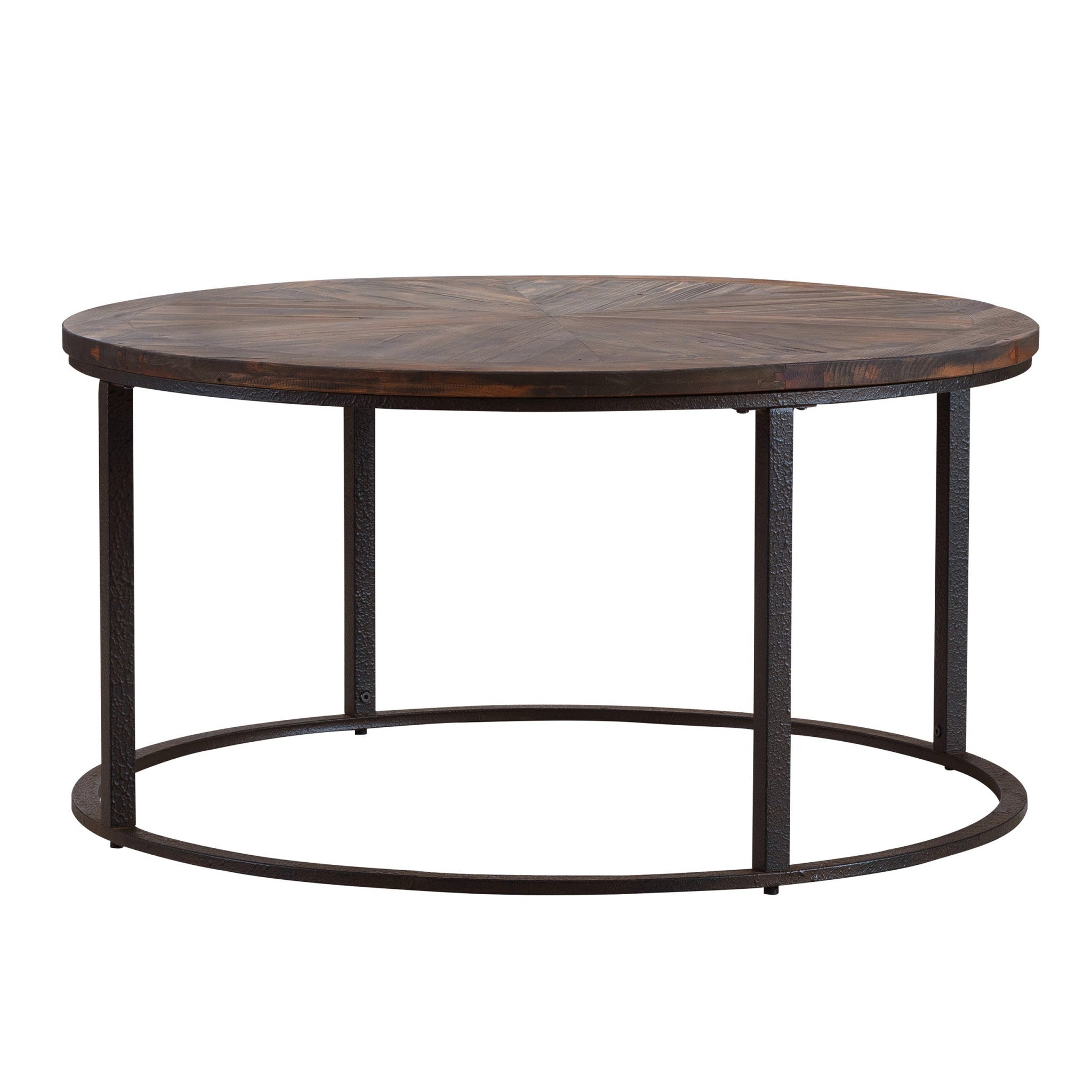 36" Natural And Brown Reclaimed Wood And Metal Round Coffee Table-Coffee Tables-DECOROLALA