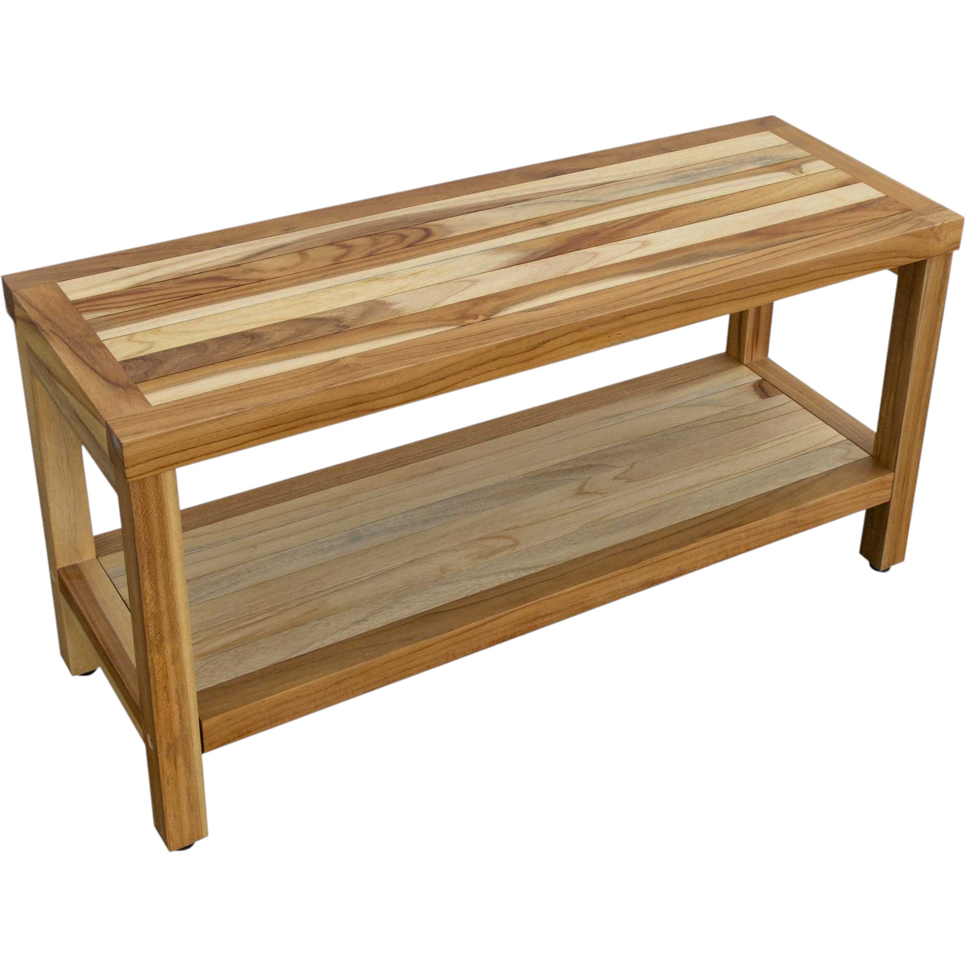 36" Natural Solid Teak Rectangular Shower Bench With Shelf-Shower Benches-DECOROLALA