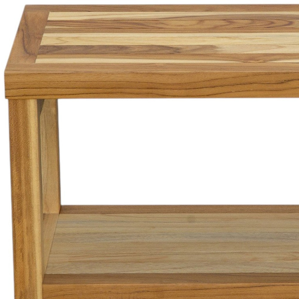 36" Natural Solid Teak Rectangular Shower Bench With Shelf-Shower Benches-DECOROLALA