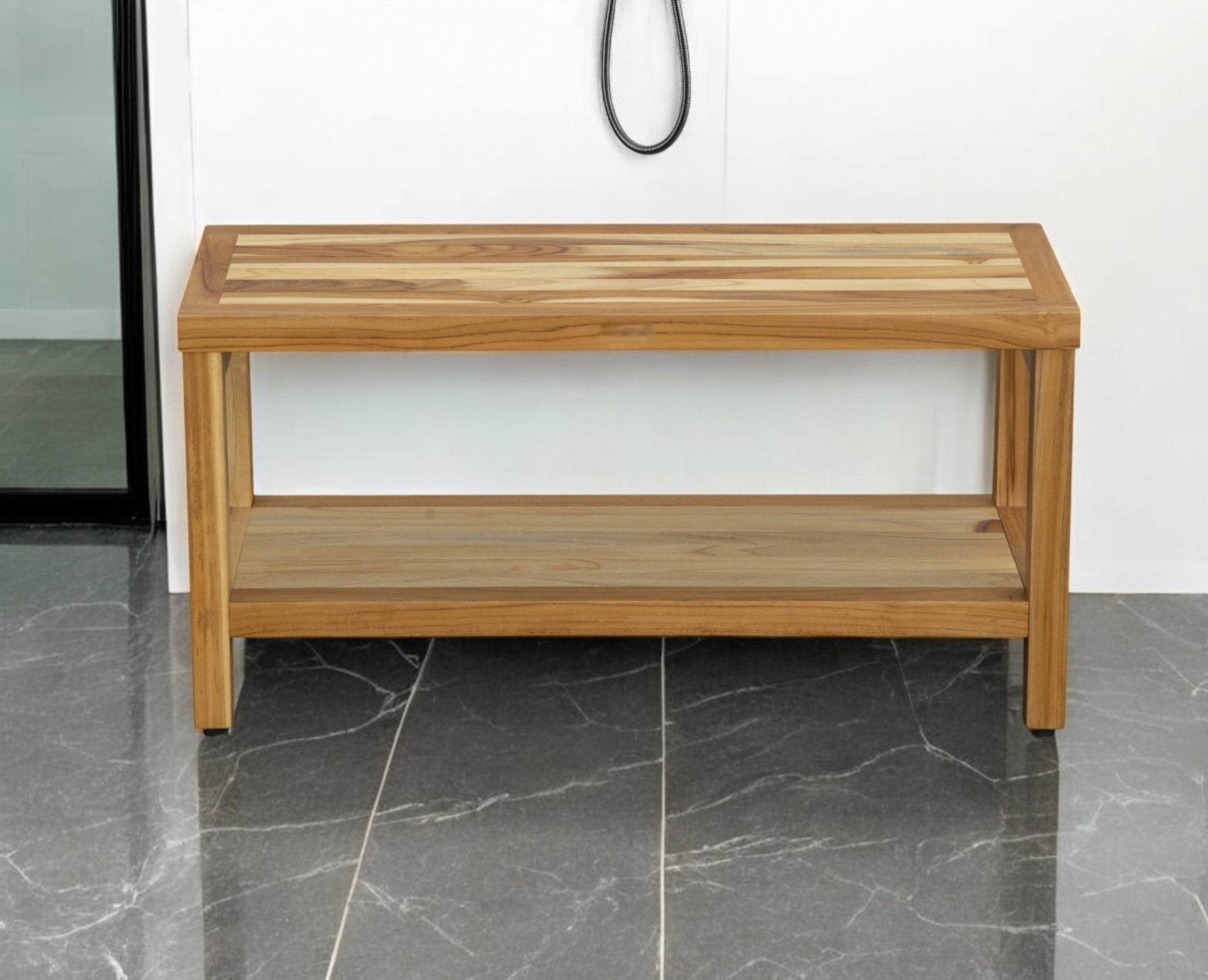36" Natural Solid Teak Rectangular Shower Bench With Shelf-Shower Benches-DECOROLALA
