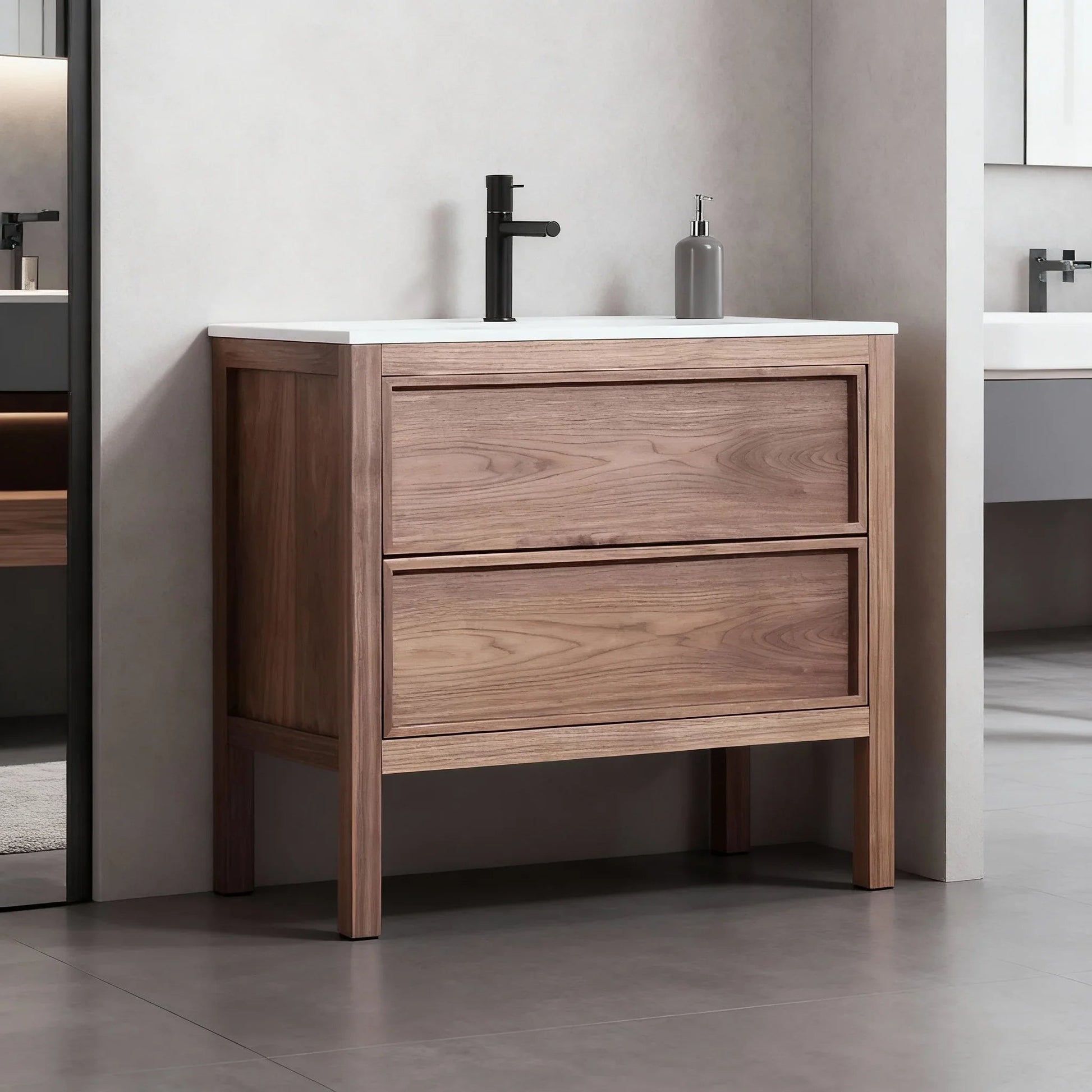 36" Natural Walnut Freestanding Bathroom Vanity with White Solid Surface Countertop-Migration_Bathroom Vanities-DECOROLALA