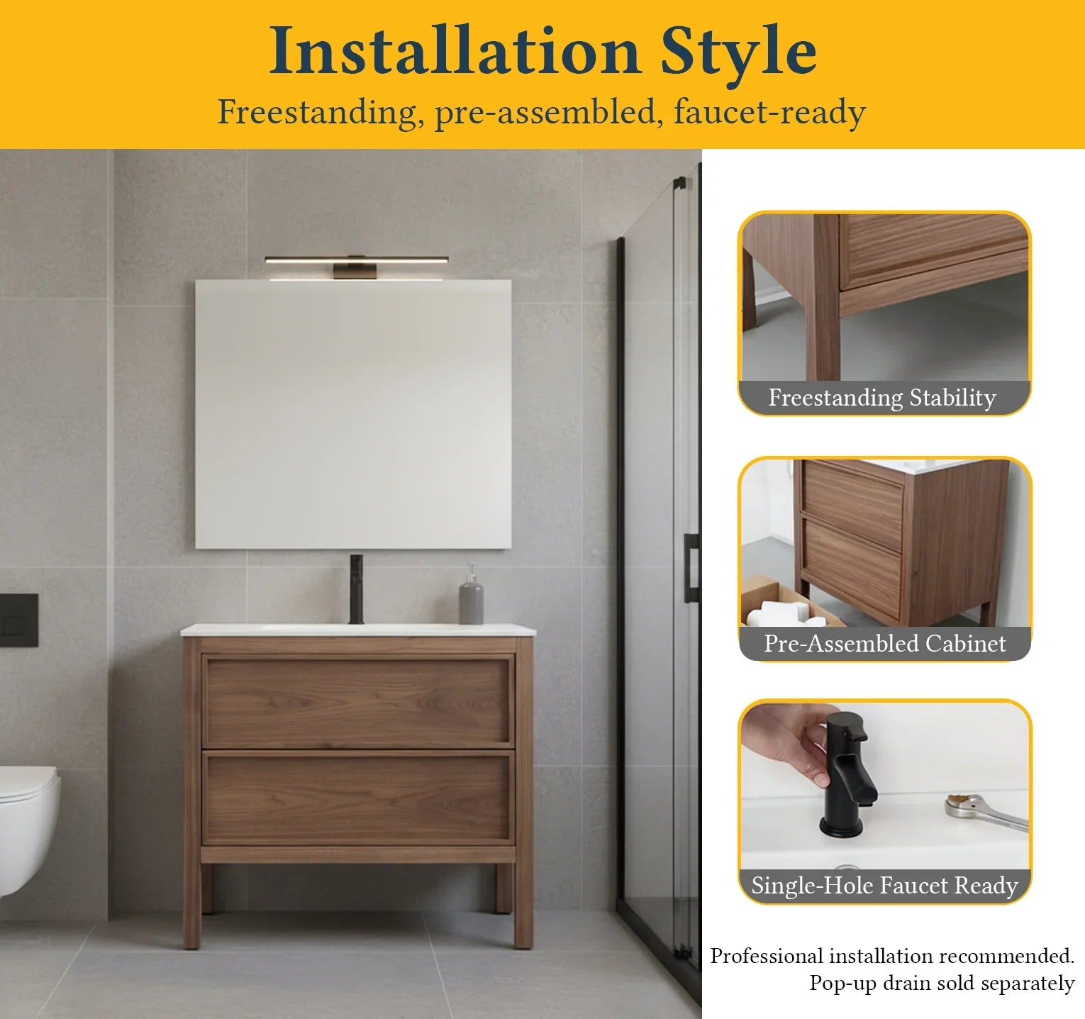 36" Natural Walnut Freestanding Bathroom Vanity with White Solid Surface Countertop-Migration_Bathroom Vanities-DECOROLALA