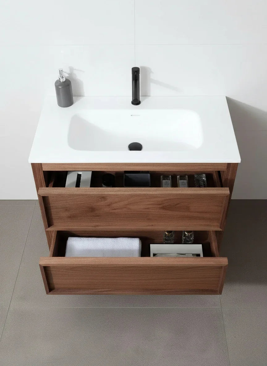 36" Natural Walnut Freestanding Bathroom Vanity with White Solid Surface Countertop-Migration_Bathroom Vanities-DECOROLALA