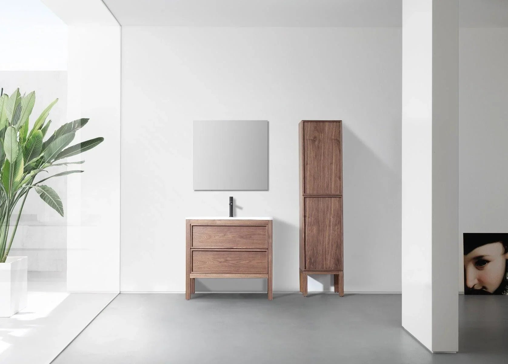 36" Natural Walnut Freestanding Bathroom Vanity with White Solid Surface Countertop-Migration_Bathroom Vanities-DECOROLALA