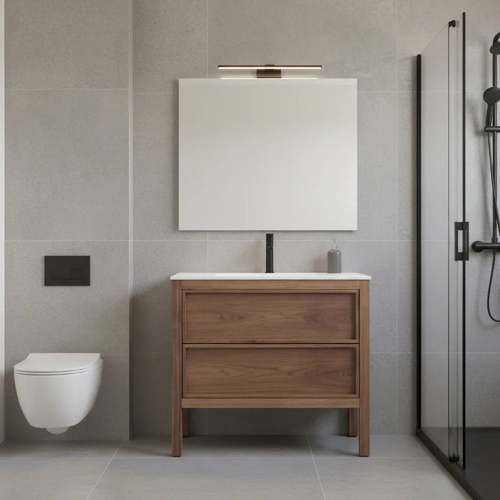 36" Natural Walnut Freestanding Bathroom Vanity with White Solid Surface Countertop-Migration_Bathroom Vanities-DECOROLALA