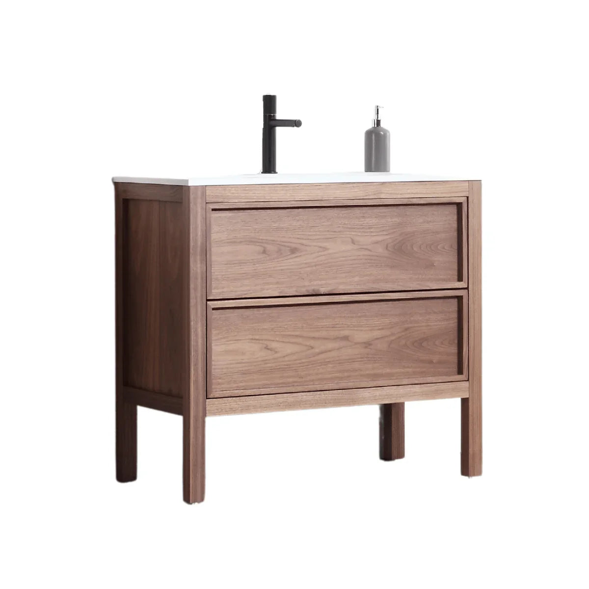 36" Natural Walnut Freestanding Bathroom Vanity with White Solid Surface Countertop-Migration_Bathroom Vanities-DECOROLALA