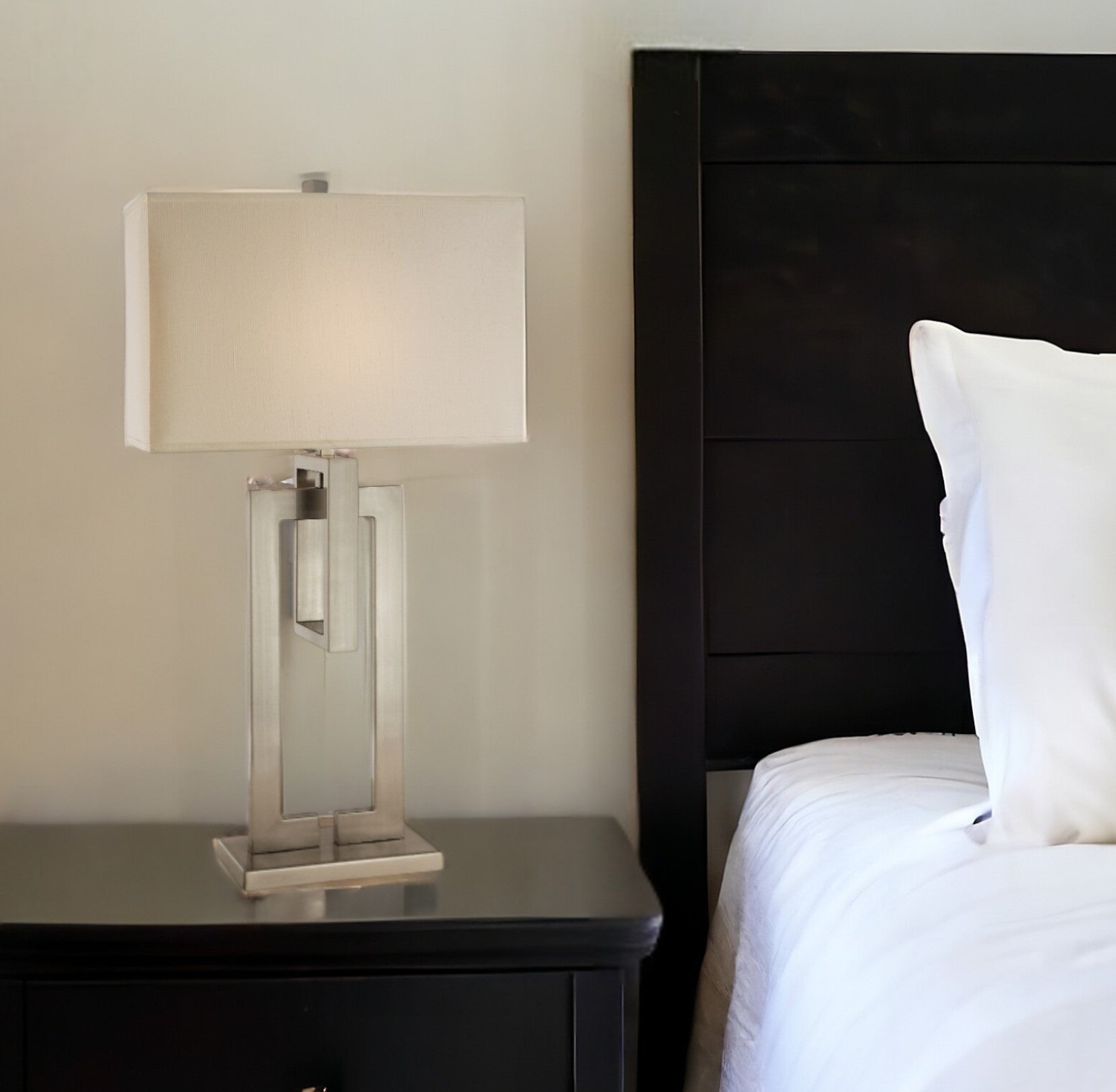 36" Nickel Iron Geometric Table Lamp With Ivory Shade-Table Lamps-DECOROLALA