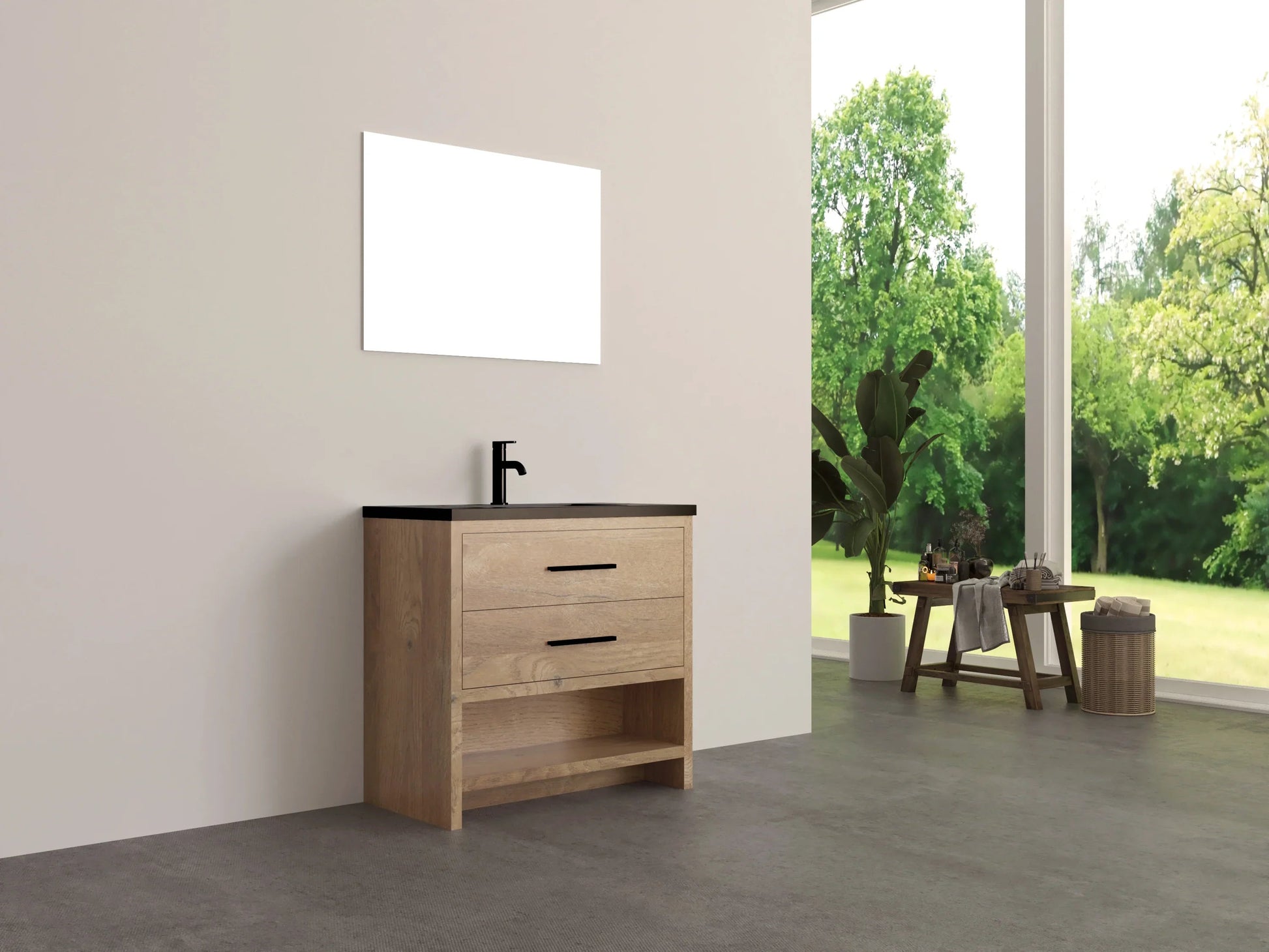 36" Rough Oak Freestanding Bathroom Vanity with Black Engineered Quartz Countertop-Migration_Bathroom Vanities-DECOROLALA