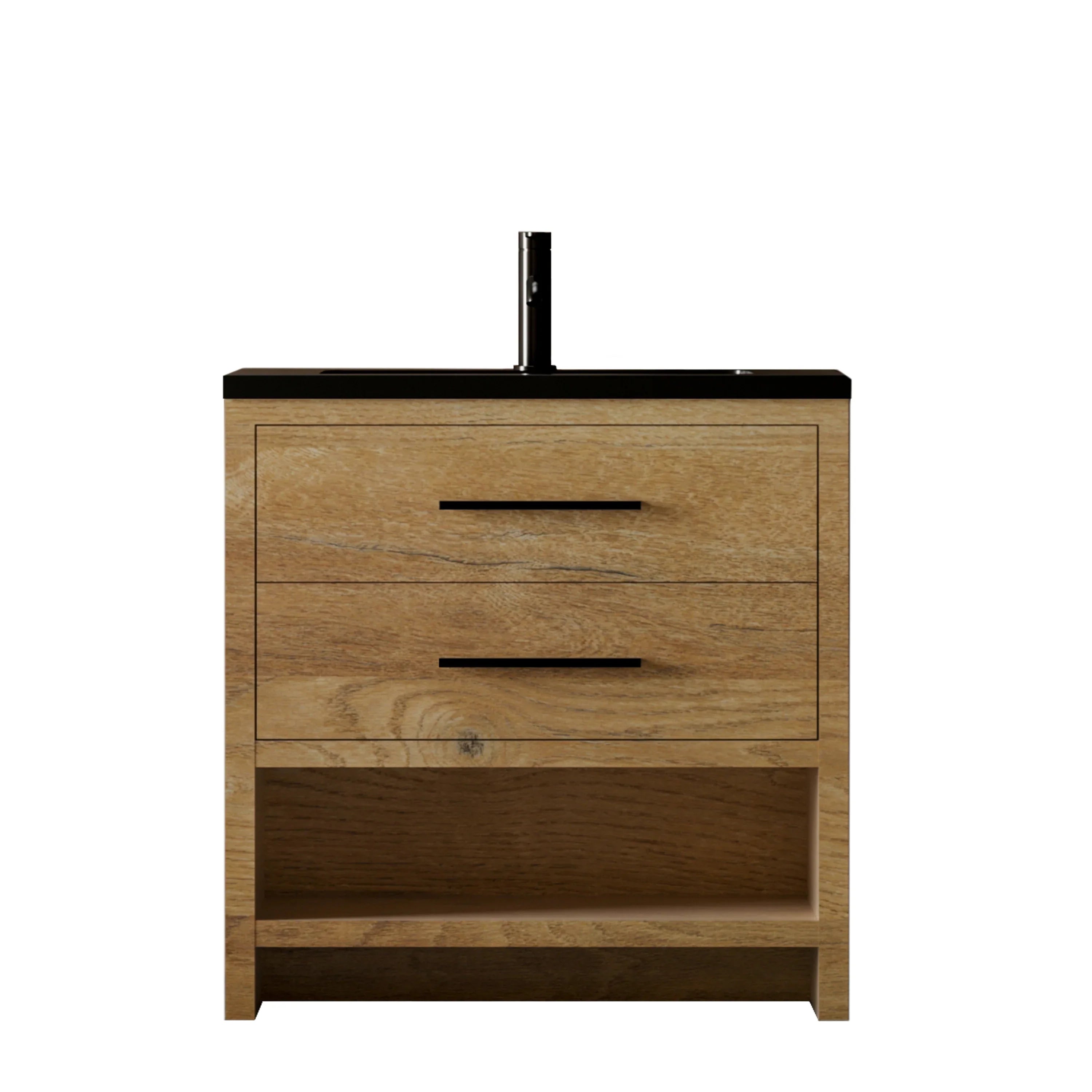 36" Rough Oak Freestanding Bathroom Vanity with Black Engineered Quartz Countertop-Migration_Bathroom Vanities-DECOROLALA