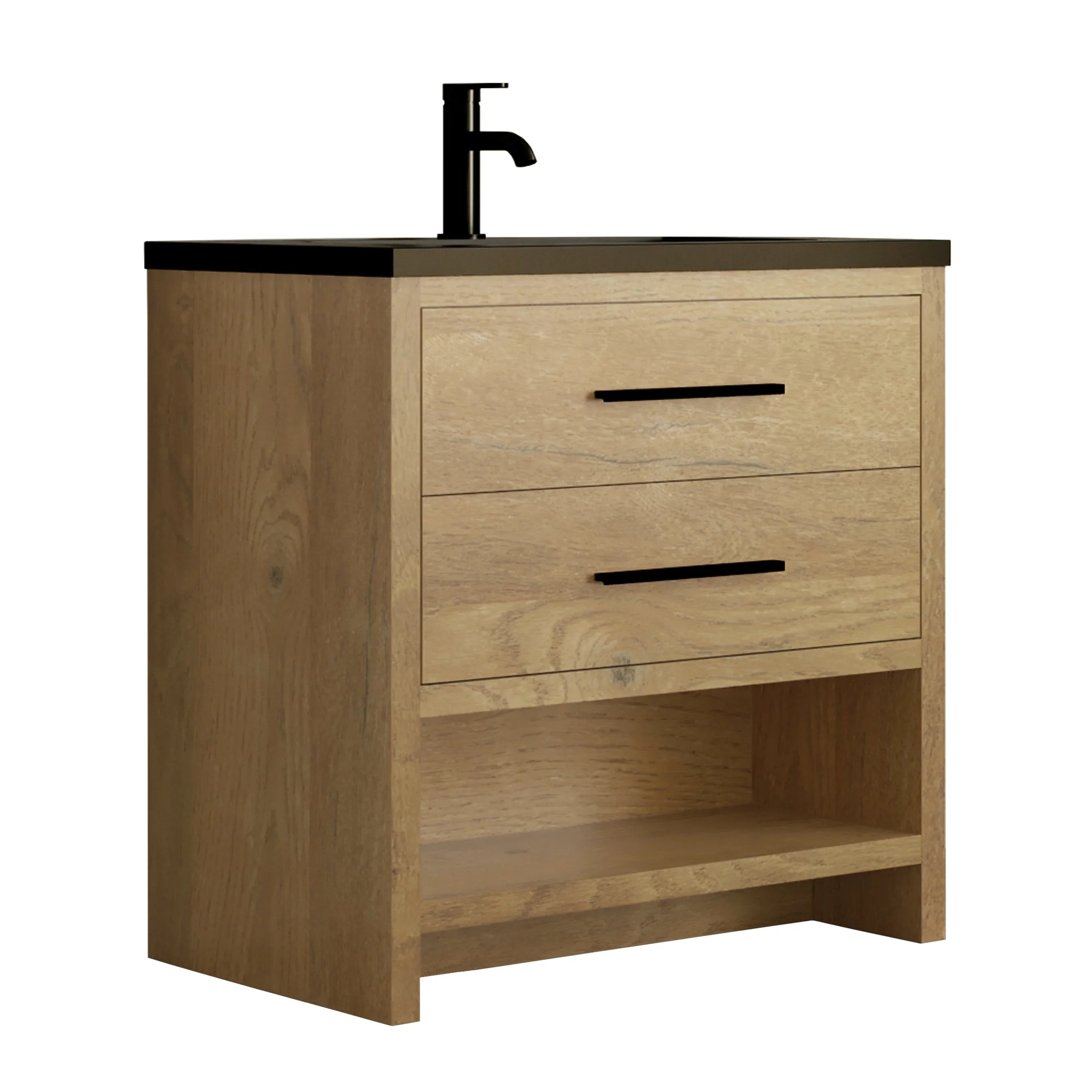 36" Rough Oak Freestanding Bathroom Vanity with Black Engineered Quartz Countertop-Migration_Bathroom Vanities-DECOROLALA