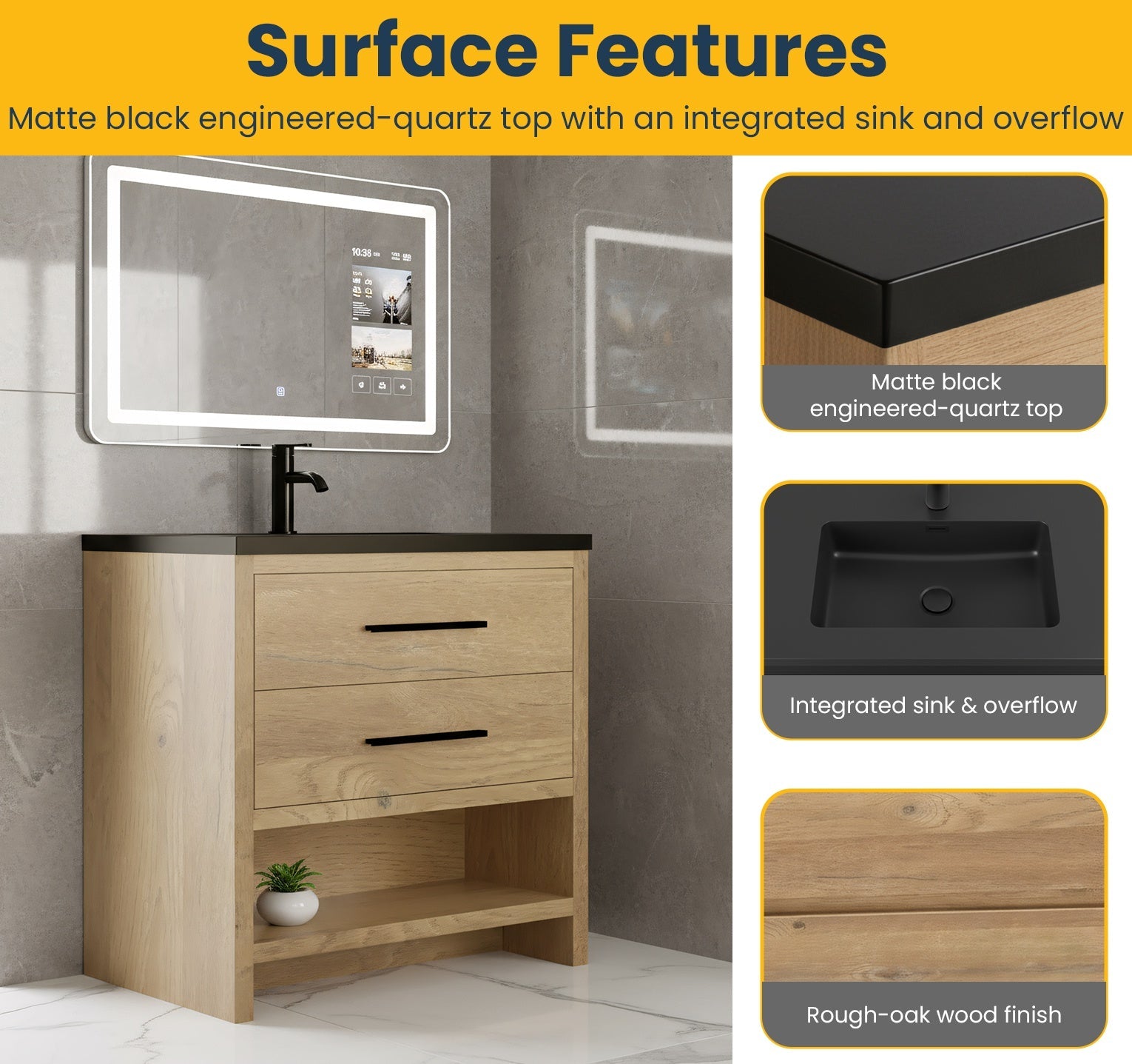 36" Rough Oak Freestanding Bathroom Vanity with Black Engineered Quartz Countertop-Migration_Bathroom Vanities-DECOROLALA