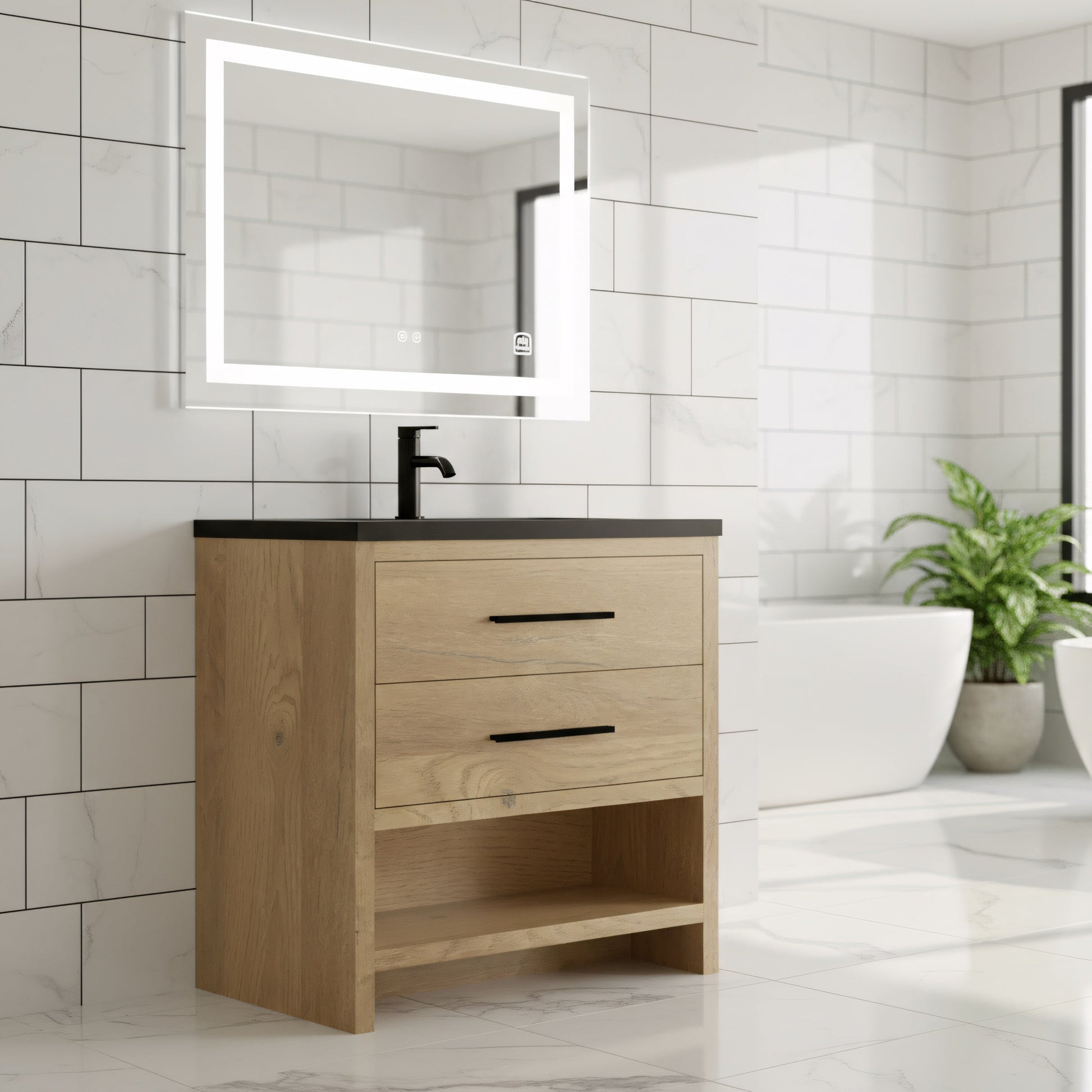 36" Rough Oak Freestanding Bathroom Vanity with Black Engineered Quartz Countertop-Migration_Bathroom Vanities-DECOROLALA