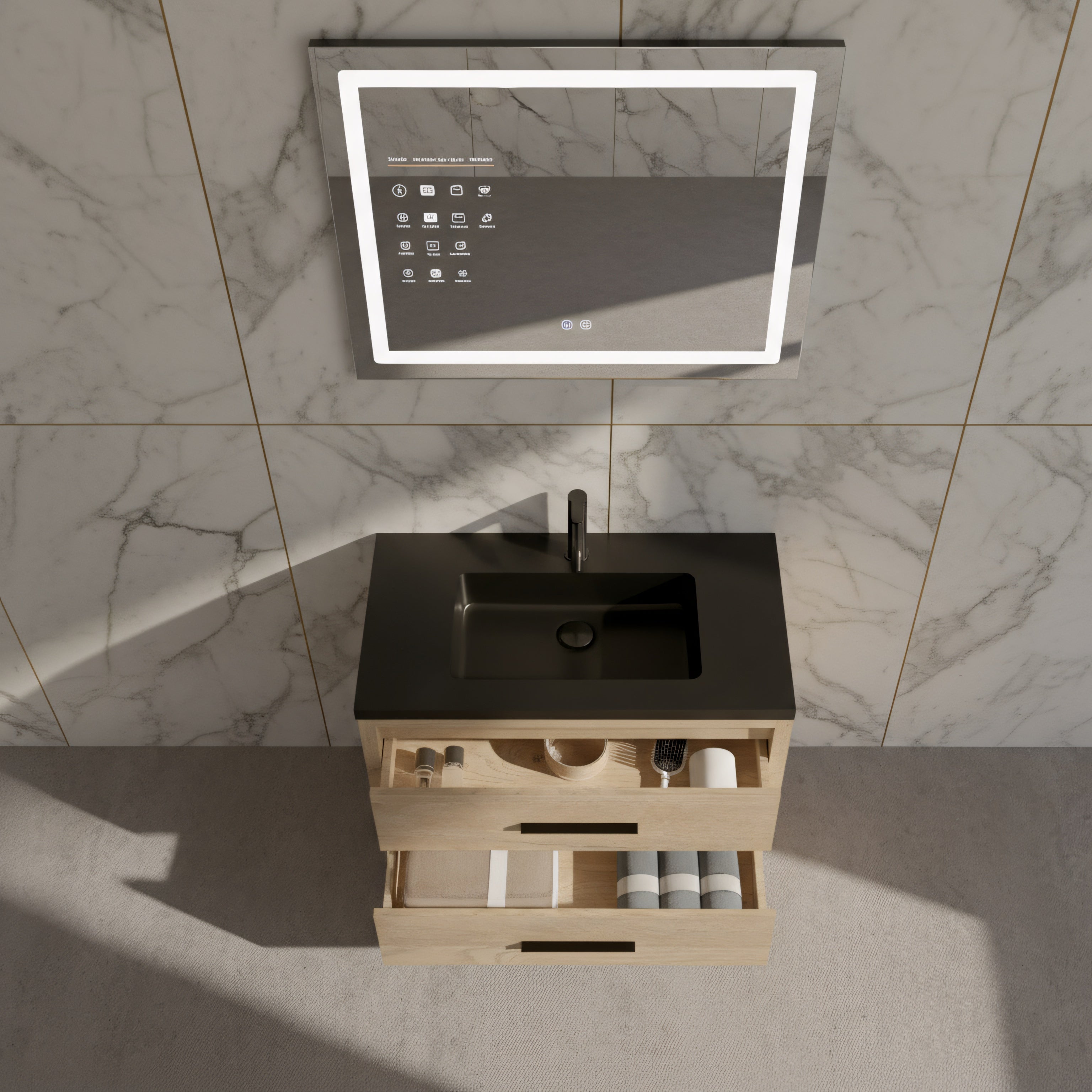 36" Rough Oak Freestanding Bathroom Vanity with Black Engineered Quartz Countertop-Migration_Bathroom Vanities-DECOROLALA