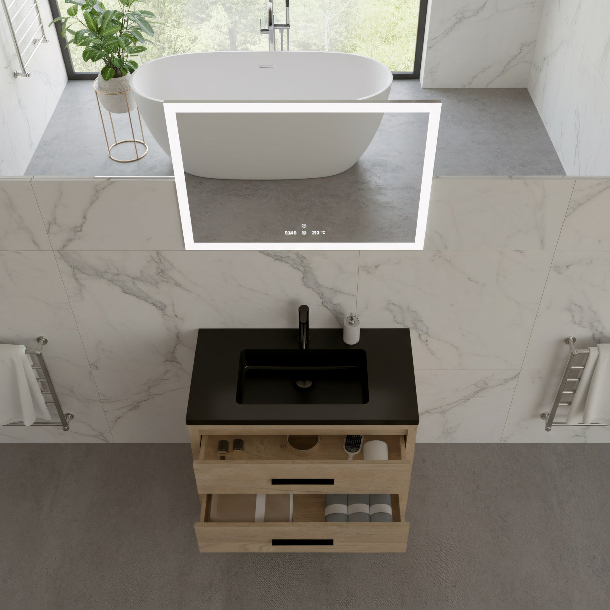 36" Rough Oak Freestanding Bathroom Vanity with Black Engineered Quartz Countertop-Migration_Bathroom Vanities-DECOROLALA