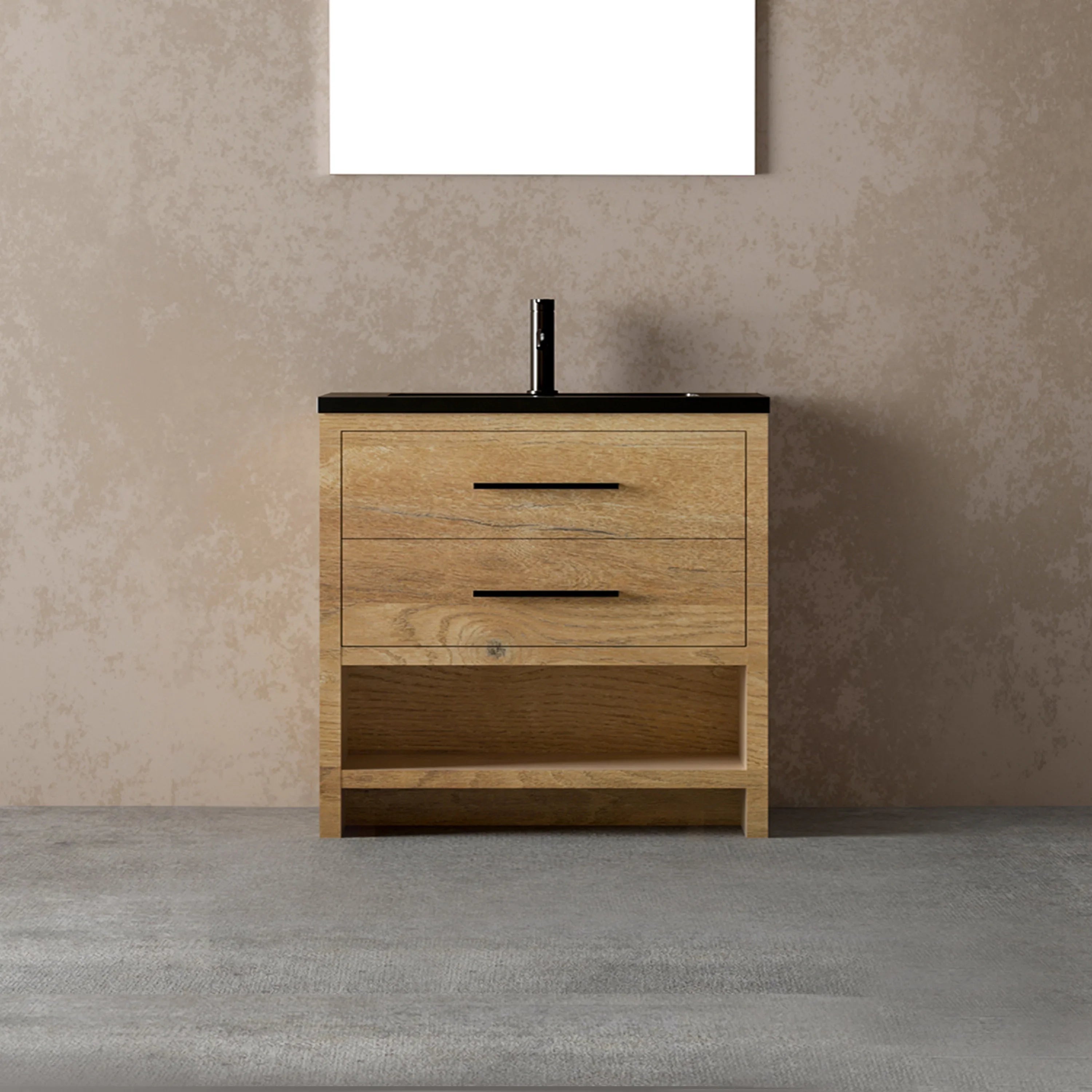 36" Rough Oak Freestanding Bathroom Vanity with Black Engineered Quartz Countertop-Migration_Bathroom Vanities-DECOROLALA