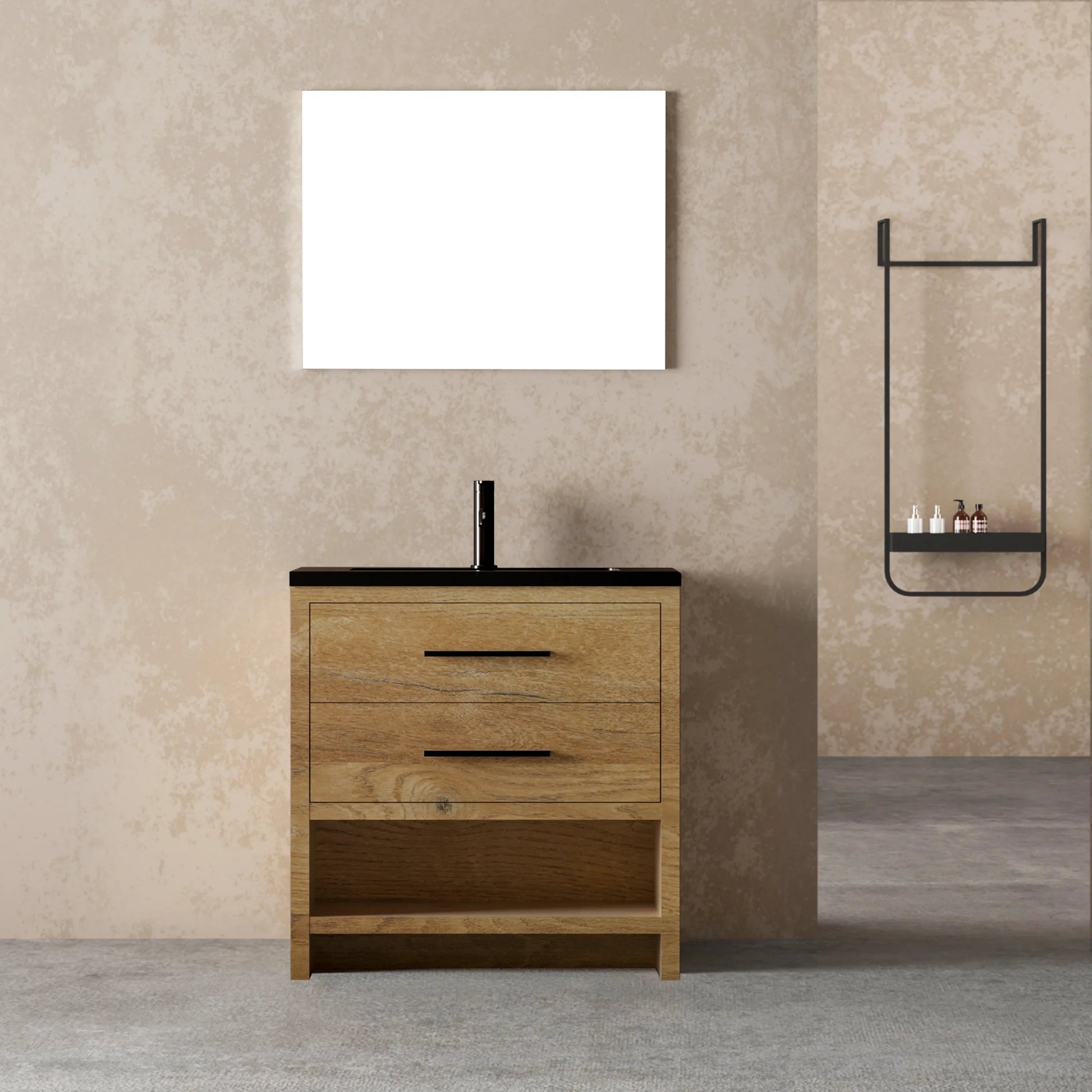 36" Rough Oak Freestanding Bathroom Vanity with Black Engineered Quartz Countertop-Migration_Bathroom Vanities-DECOROLALA