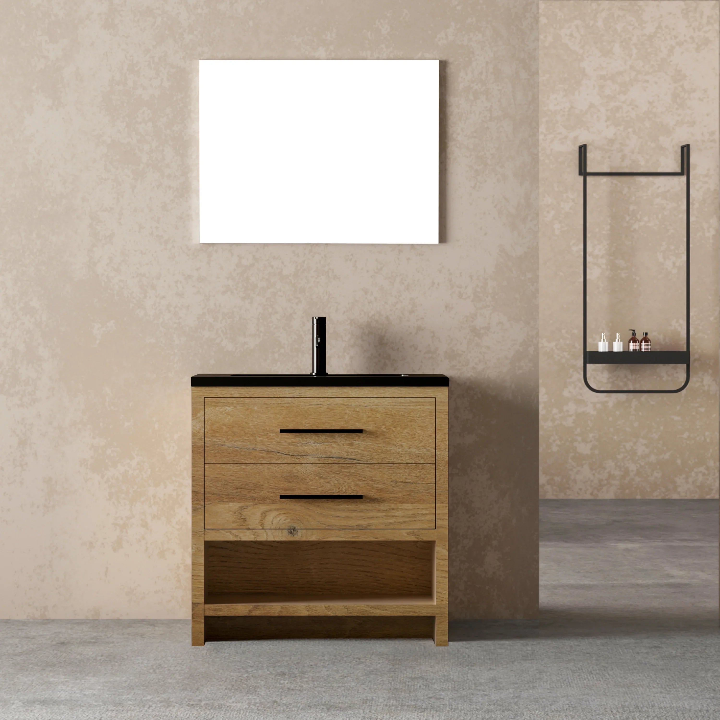 36" Rough Oak Freestanding Bathroom Vanity with Black Engineered Quartz Countertop-Migration_Bathroom Vanities-DECOROLALA