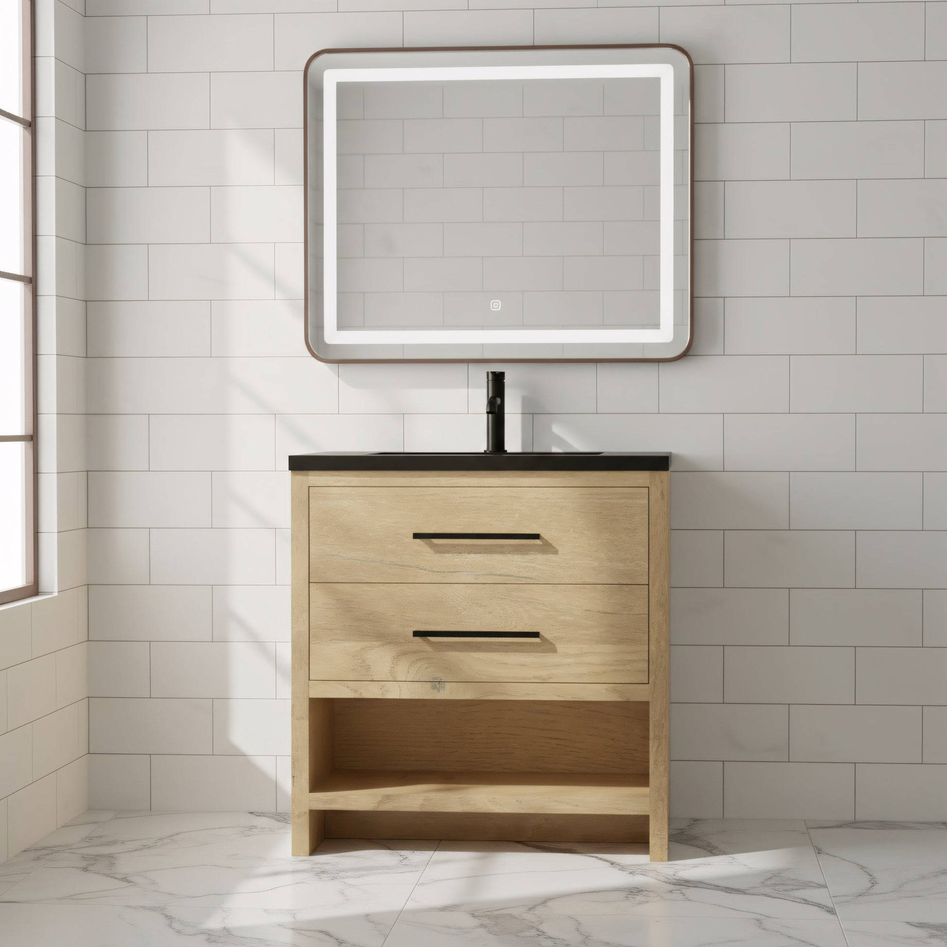36" Rough Oak Freestanding Bathroom Vanity with Black Engineered Quartz Countertop-Migration_Bathroom Vanities-DECOROLALA