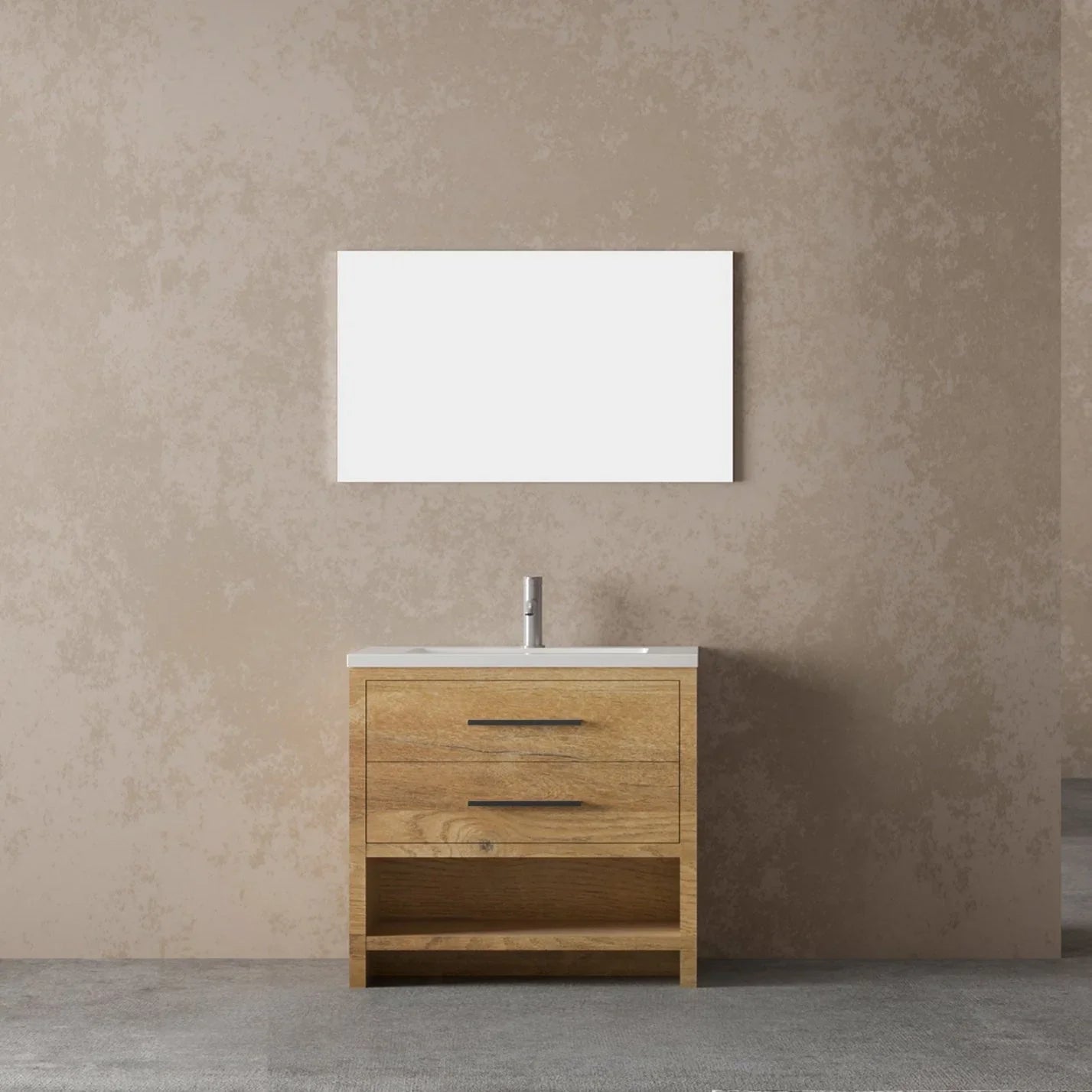 36" Rough Oak Freestanding Bathroom Vanity with White Polymarble Countertop-Migration_Bathroom Vanities-DECOROLALA