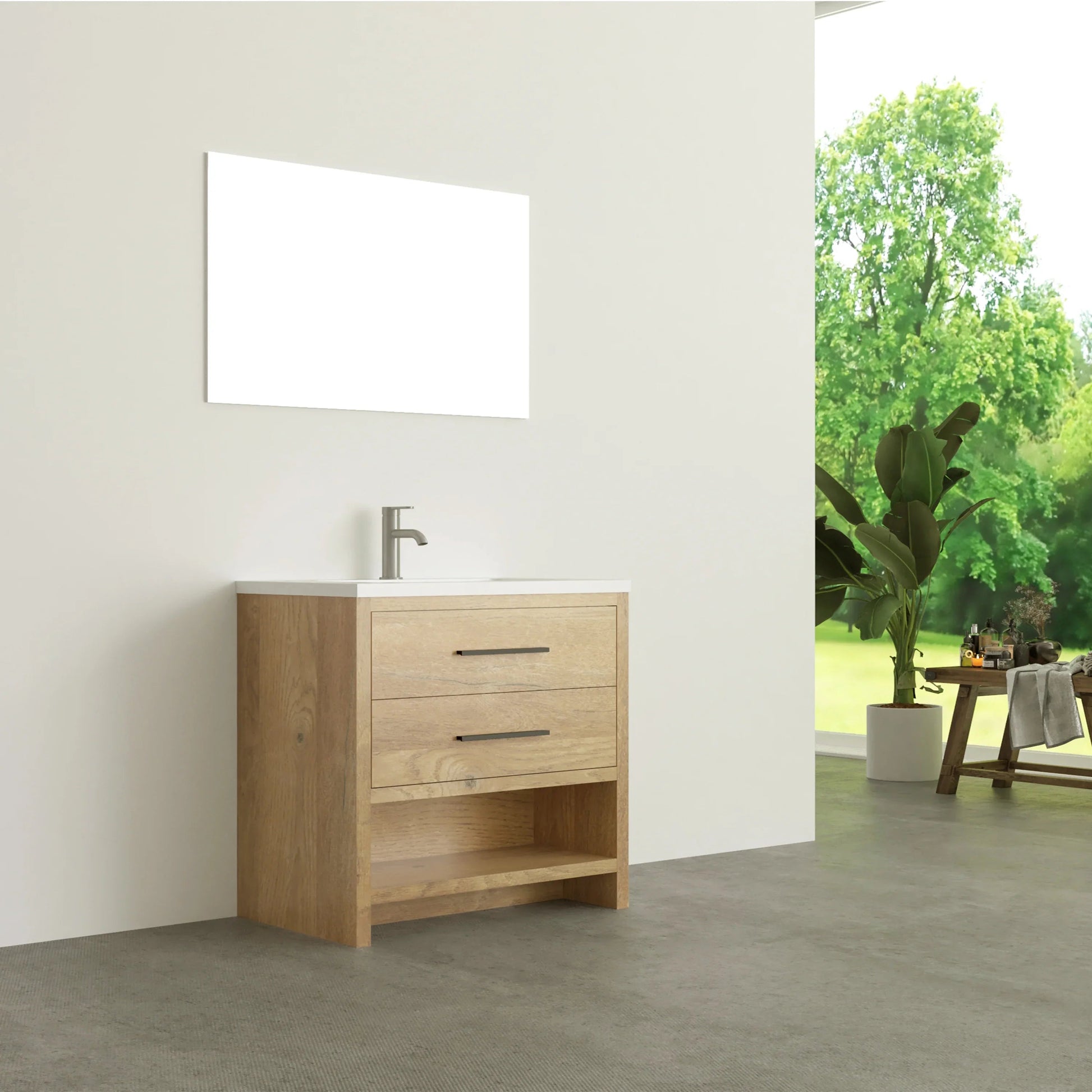 36" Rough Oak Freestanding Bathroom Vanity with White Polymarble Countertop-Migration_Bathroom Vanities-DECOROLALA