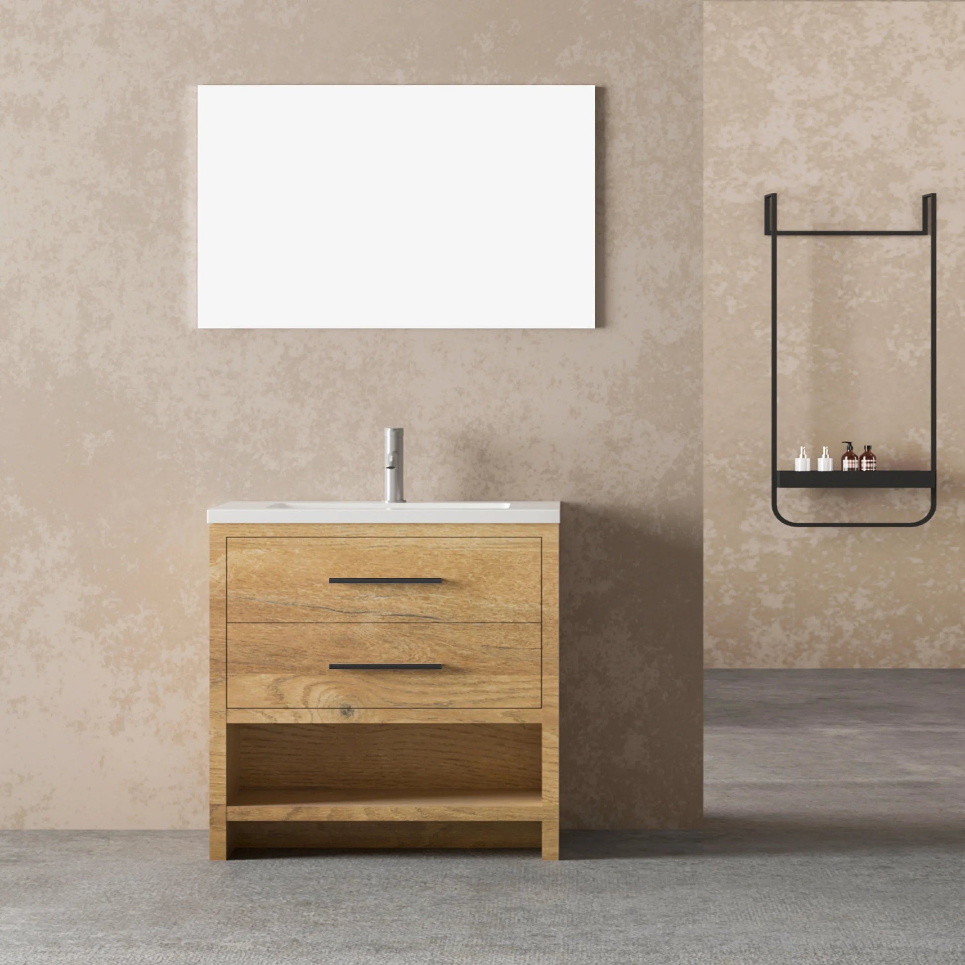 36" Rough Oak Freestanding Bathroom Vanity with White Polymarble Countertop-Migration_Bathroom Vanities-DECOROLALA