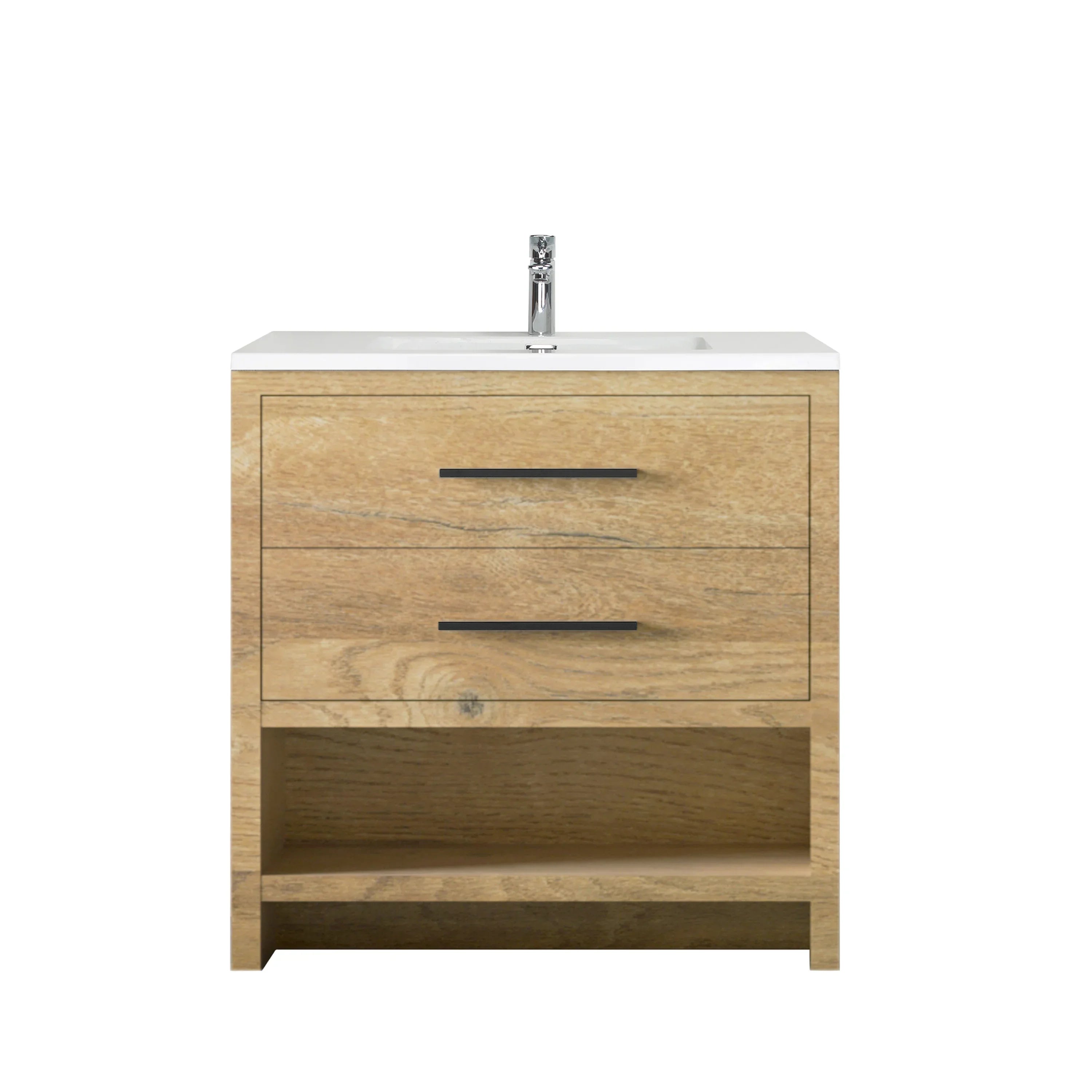 36" Rough Oak Freestanding Bathroom Vanity with White Polymarble Countertop-Migration_Bathroom Vanities-DECOROLALA