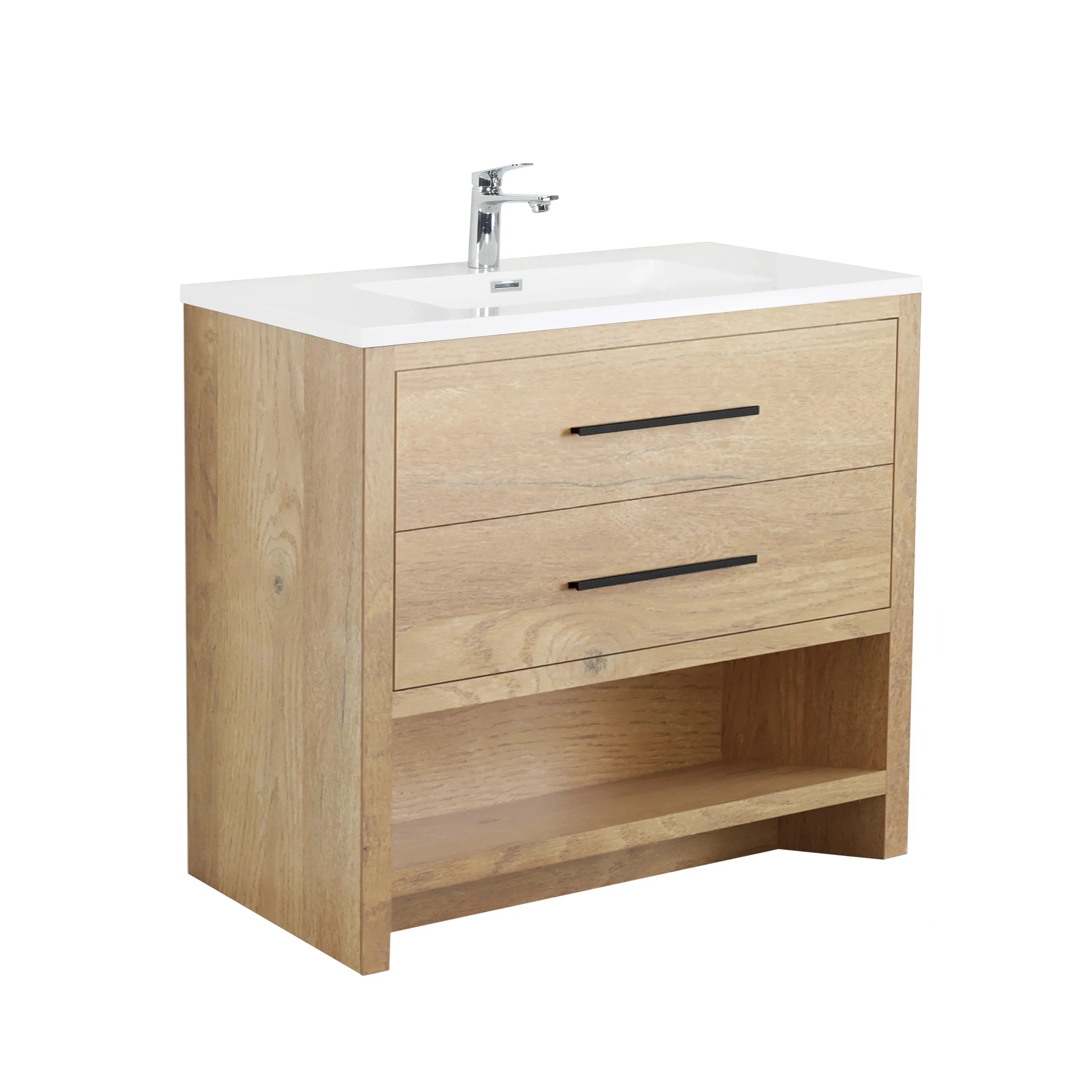 36" Rough Oak Freestanding Bathroom Vanity with White Polymarble Countertop-Migration_Bathroom Vanities-DECOROLALA