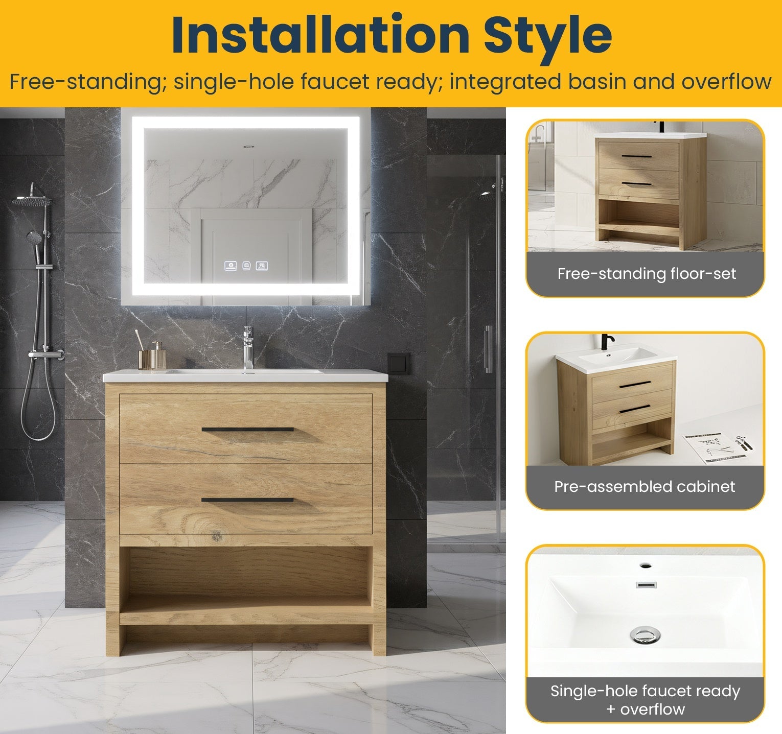 36" Rough Oak Freestanding Bathroom Vanity with White Polymarble Countertop-Migration_Bathroom Vanities-DECOROLALA