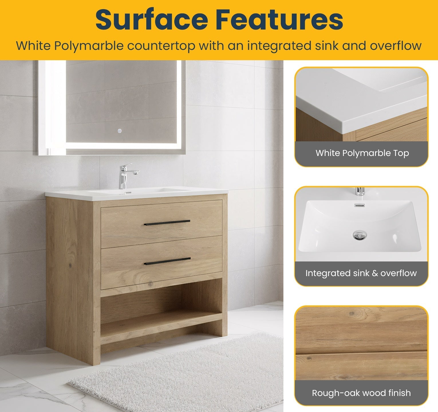 36" Rough Oak Freestanding Bathroom Vanity with White Polymarble Countertop-Migration_Bathroom Vanities-DECOROLALA