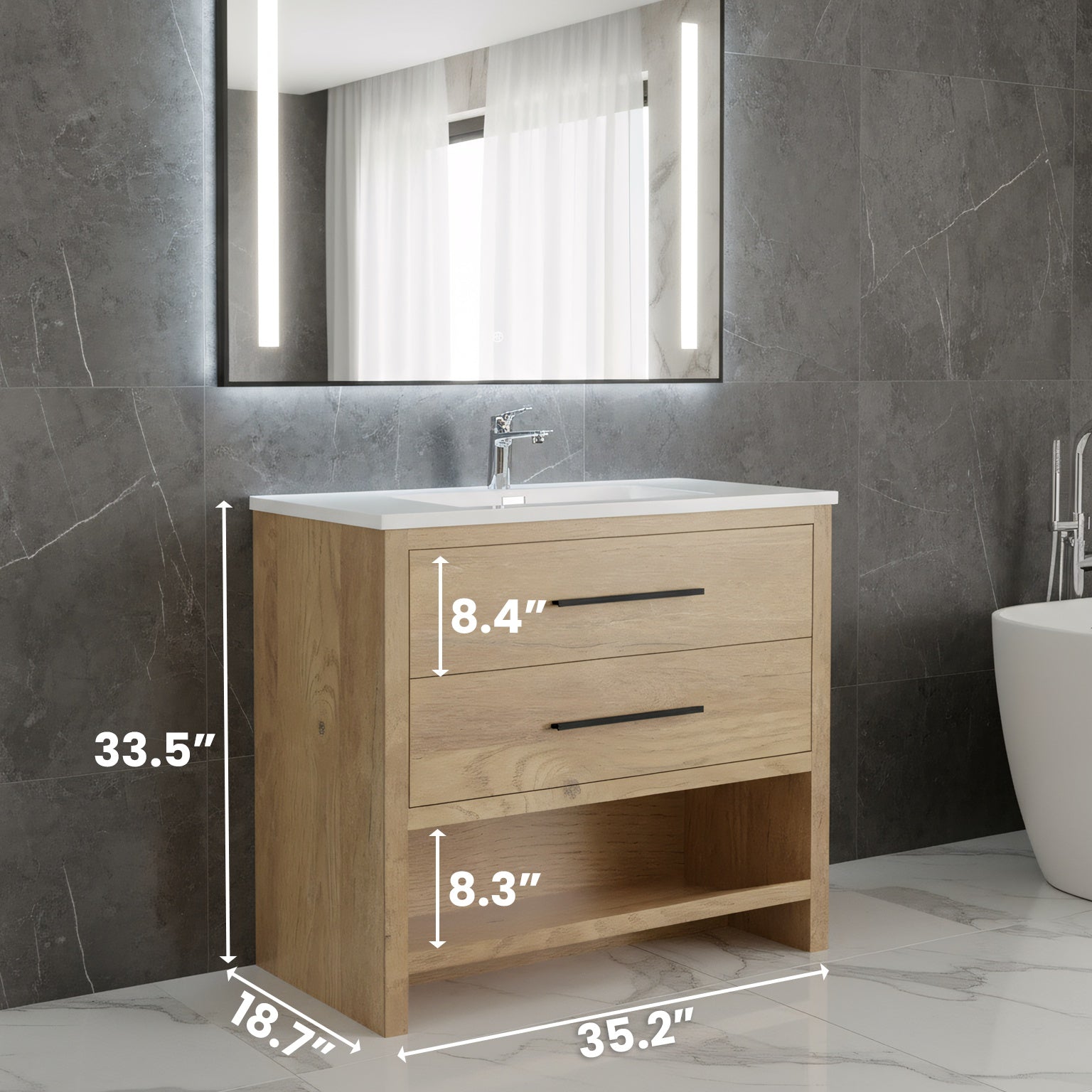36" Rough Oak Freestanding Bathroom Vanity with White Polymarble Countertop-Migration_Bathroom Vanities-DECOROLALA