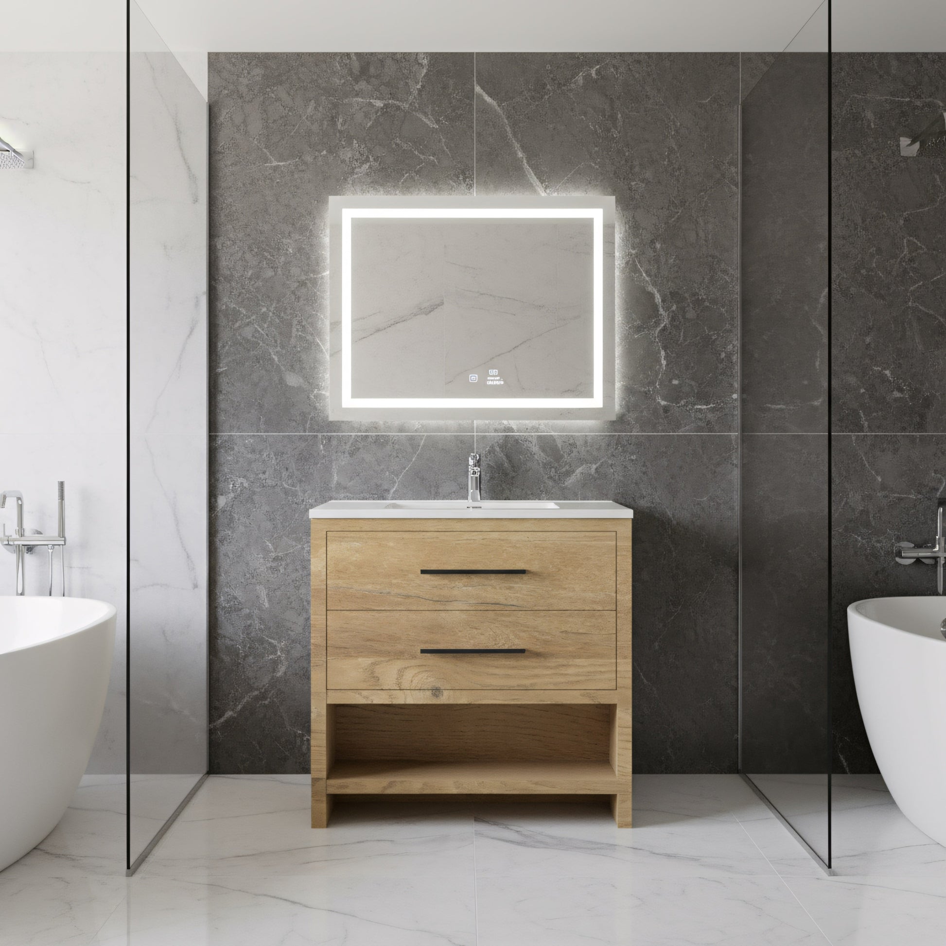 36" Rough Oak Freestanding Bathroom Vanity with White Polymarble Countertop-Migration_Bathroom Vanities-DECOROLALA