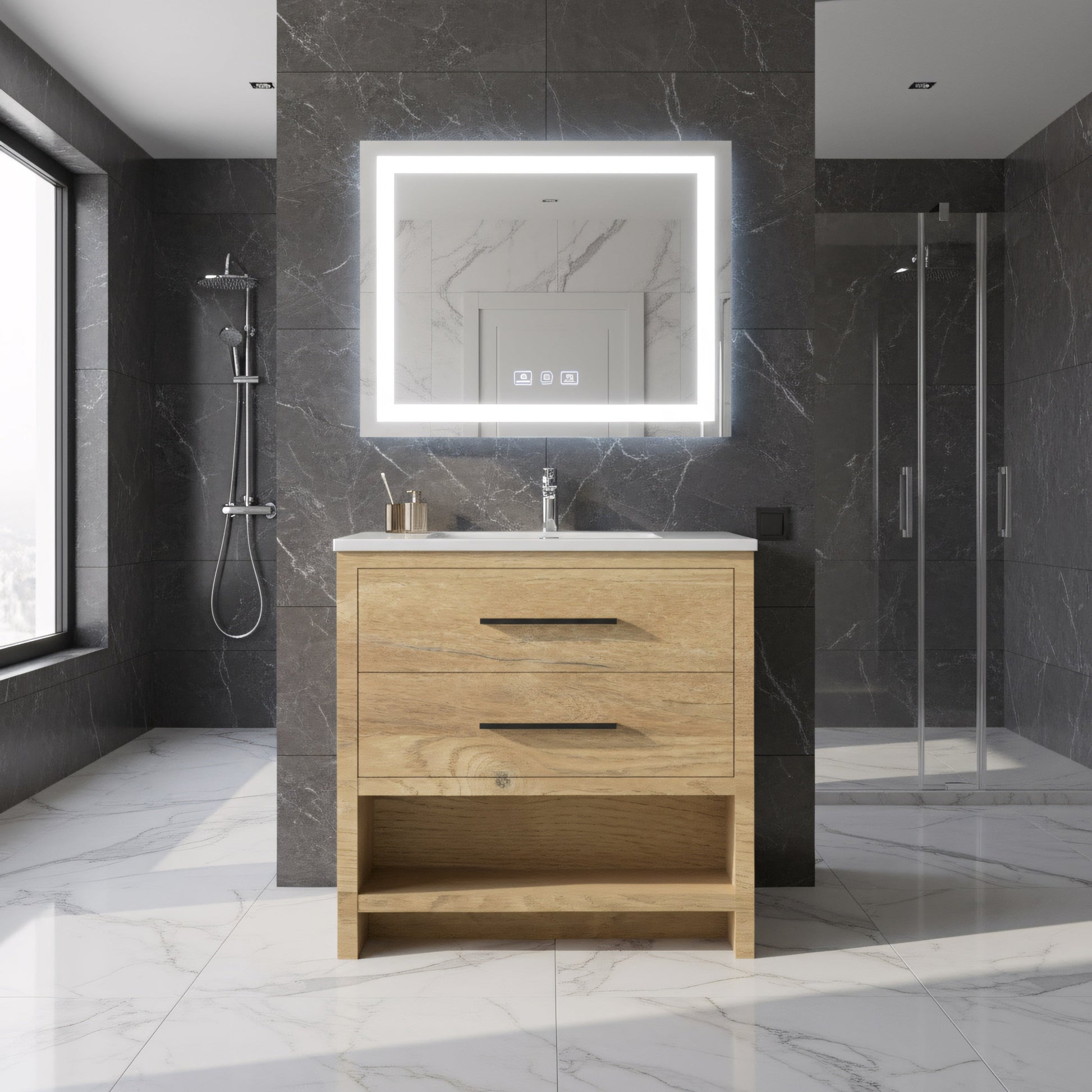 36" Rough Oak Freestanding Bathroom Vanity with White Polymarble Countertop-Migration_Bathroom Vanities-DECOROLALA