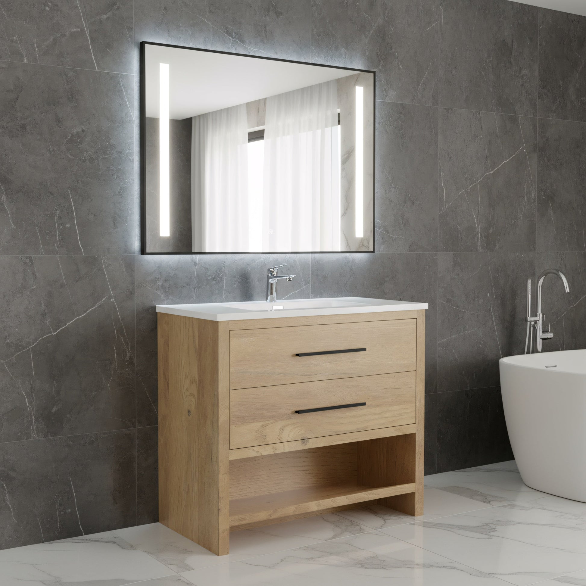 36" Rough Oak Freestanding Bathroom Vanity with White Polymarble Countertop-Migration_Bathroom Vanities-DECOROLALA
