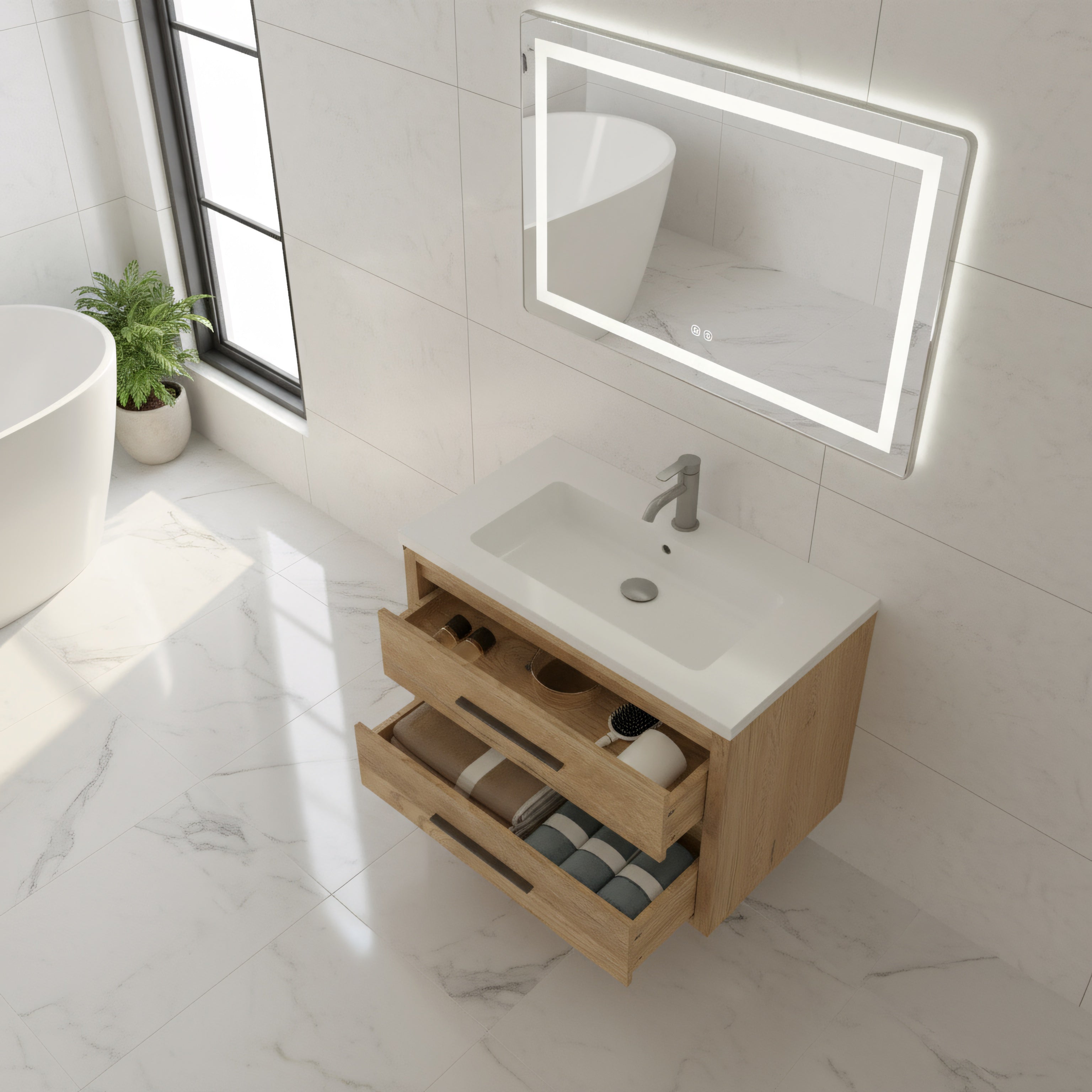 36" Rough Oak Freestanding Bathroom Vanity with White Polymarble Countertop-Migration_Bathroom Vanities-DECOROLALA