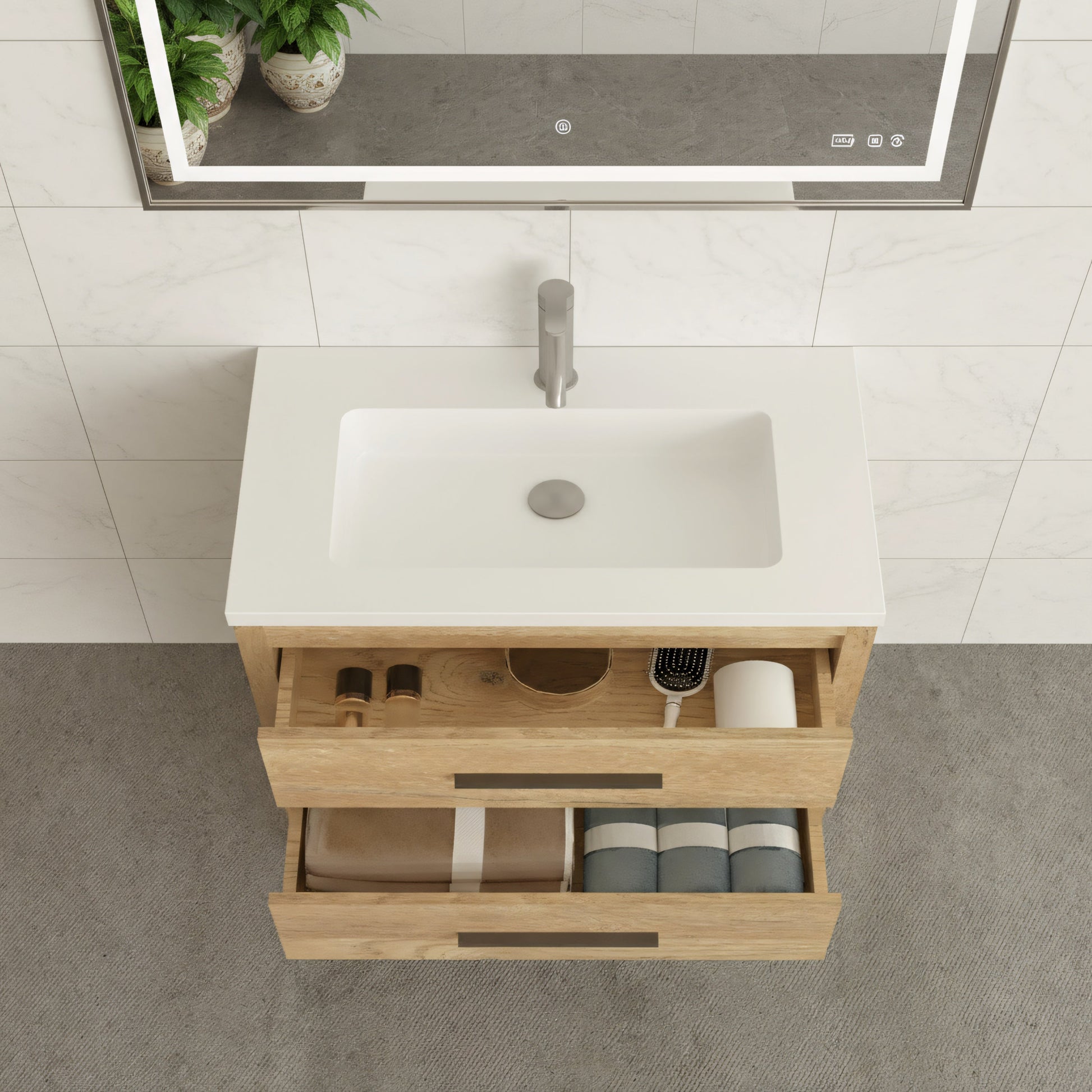 36" Rough Oak Freestanding Bathroom Vanity with White Polymarble Countertop-Migration_Bathroom Vanities-DECOROLALA