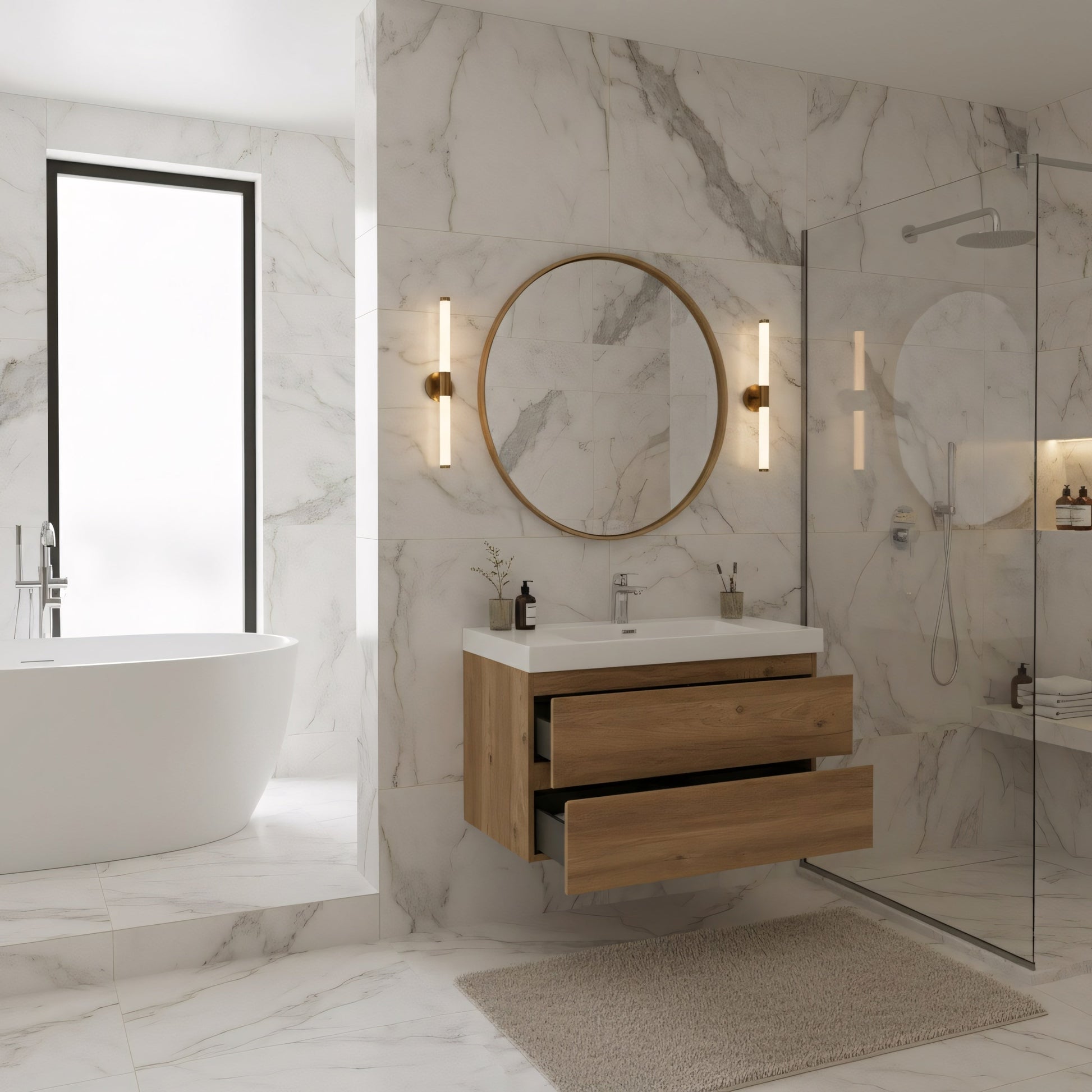 36" Rough Oak Wall Mount Bathroom Vanity with White Polymarble Countertop-Migration_Bathroom Vanities-DECOROLALA