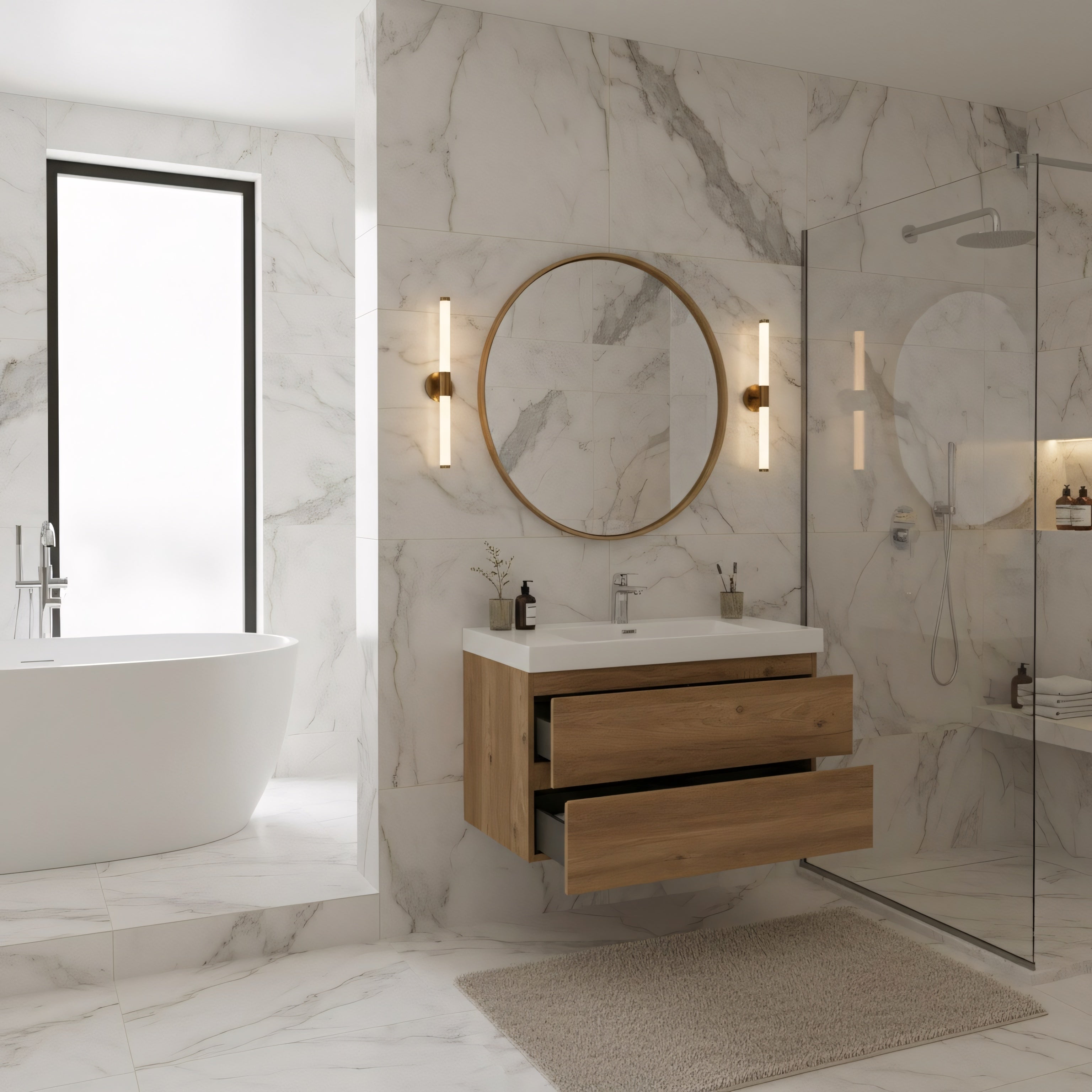 36" Rough Oak Wall Mount Bathroom Vanity with White Polymarble Countertop-Migration_Bathroom Vanities-DECOROLALA