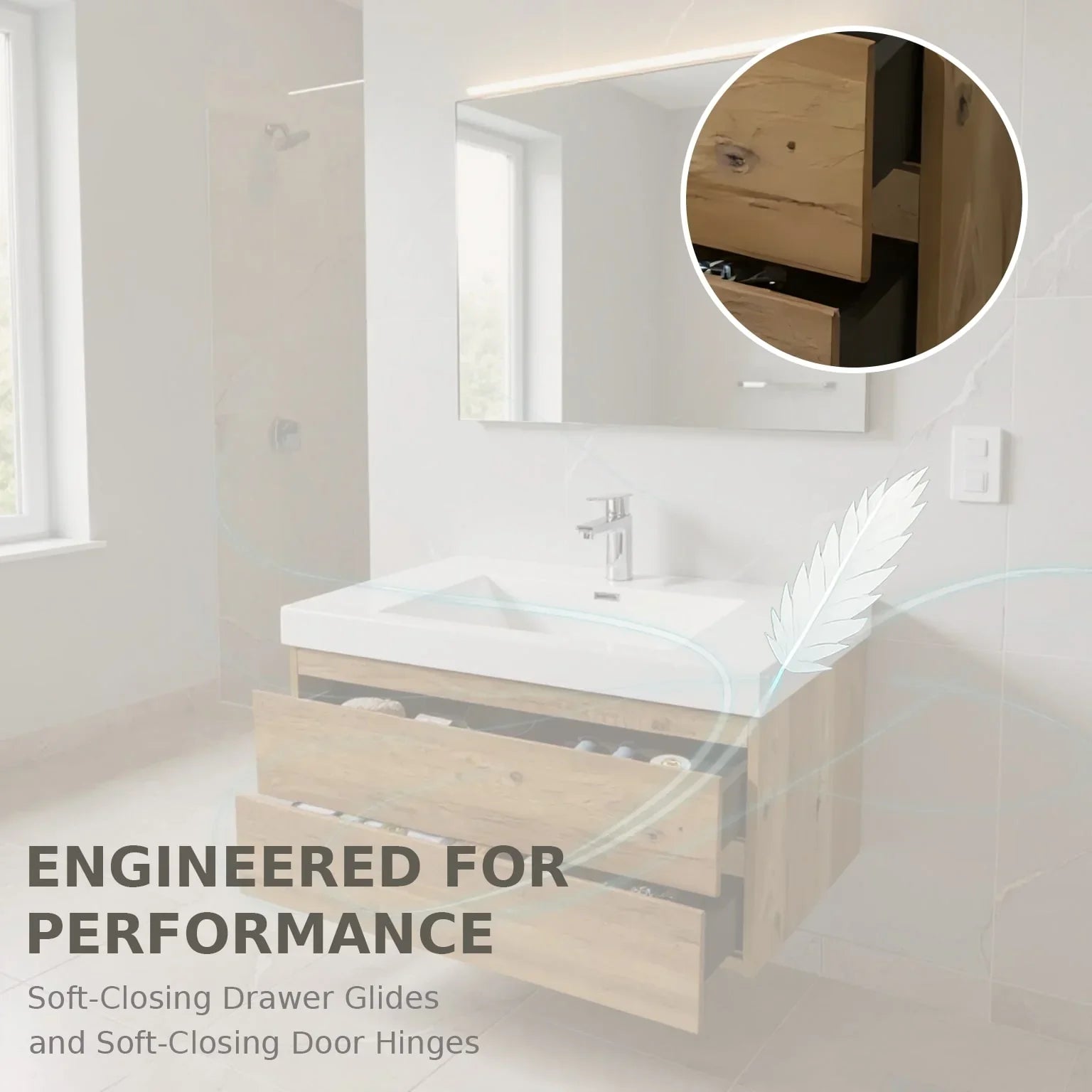 36" Rough Oak Wall Mount Bathroom Vanity with White Polymarble Countertop-Migration_Bathroom Vanities-DECOROLALA