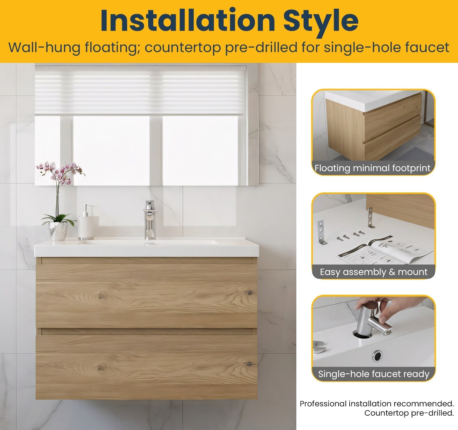 36" Rough Oak Wall Mount Bathroom Vanity with White Polymarble Countertop-Migration_Bathroom Vanities-DECOROLALA