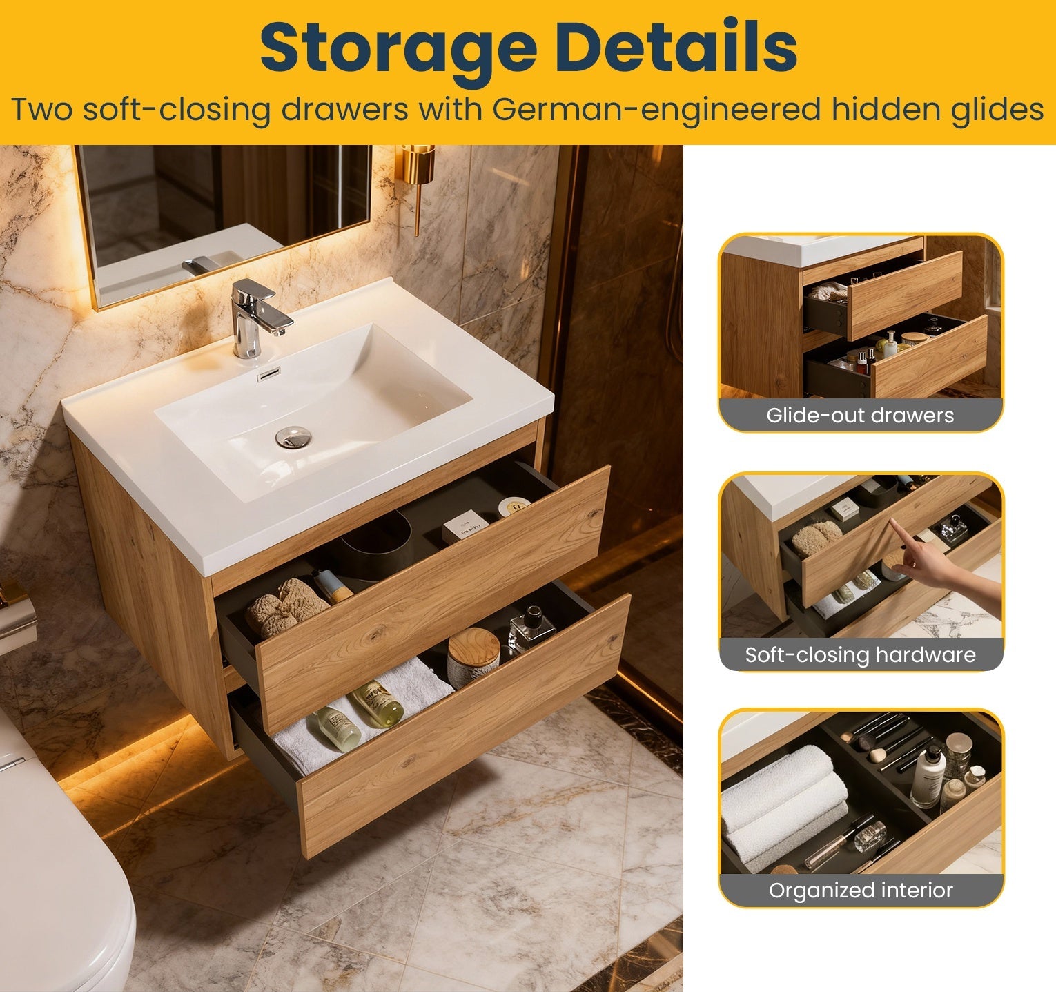 36" Rough Oak Wall Mount Bathroom Vanity with White Polymarble Countertop-Migration_Bathroom Vanities-DECOROLALA