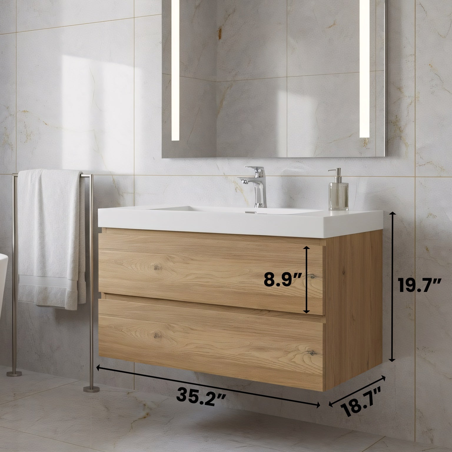 36" Rough Oak Wall Mount Bathroom Vanity with White Polymarble Countertop-Migration_Bathroom Vanities-DECOROLALA