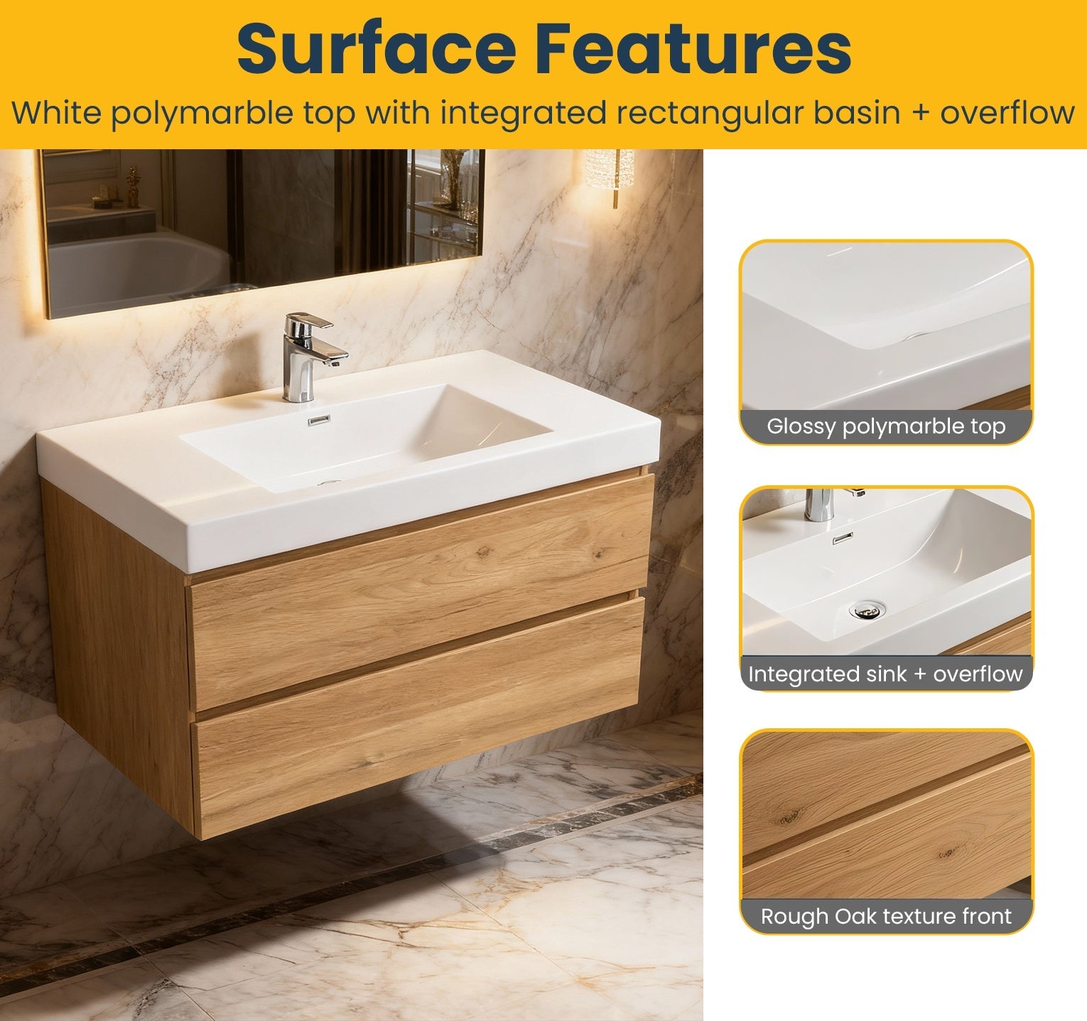 36" Rough Oak Wall Mount Bathroom Vanity with White Polymarble Countertop-Migration_Bathroom Vanities-DECOROLALA