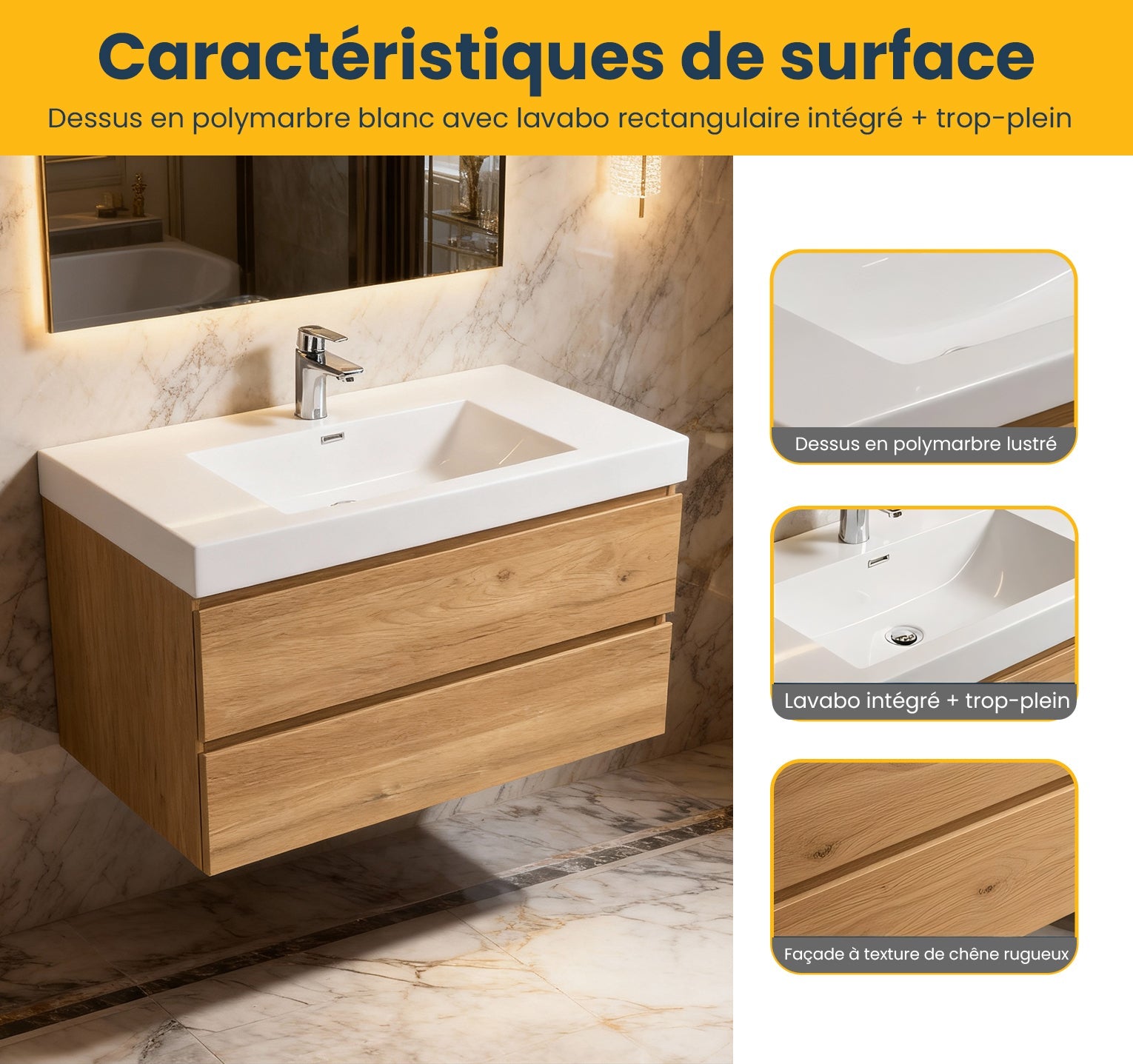 36" Rough Oak Wall Mount Bathroom Vanity with White Polymarble Countertop-Migration_Bathroom Vanities-DECOROLALA